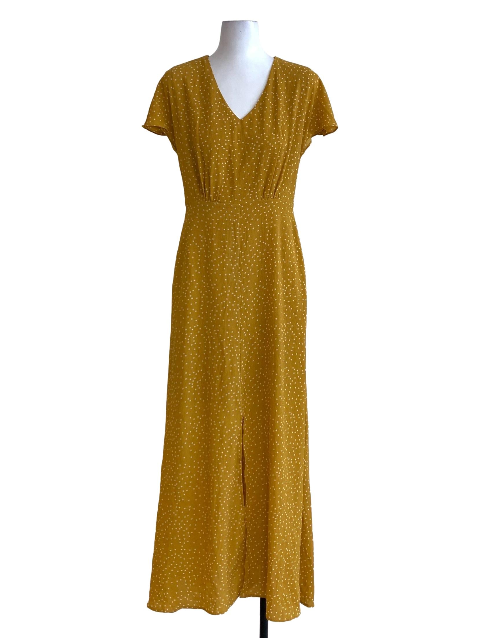 Yellow Mustard With White Small Polkadot Pattern V Neck Maxi Dress