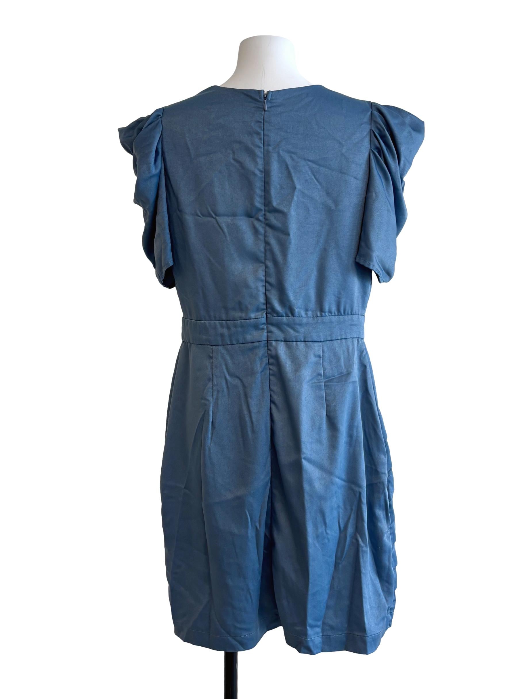 Stone Blue Drape Ruffle Mini Dress