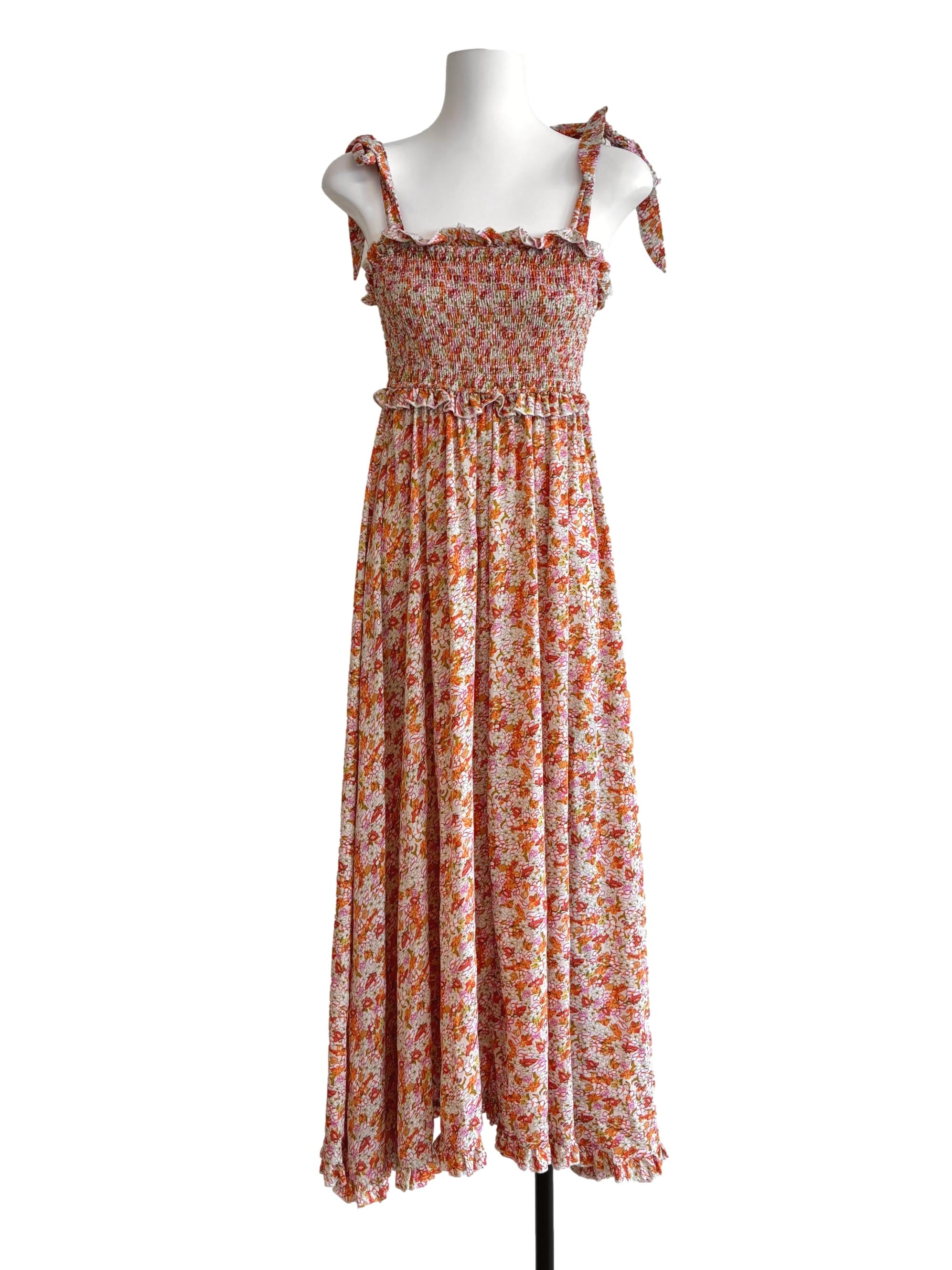 Tangelo Orange Smocked Floral Maxi Dress