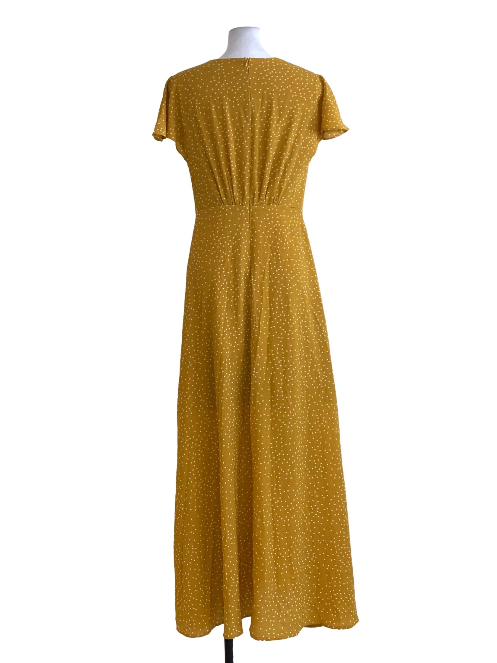 Yellow Mustard With White Small Polkadot Pattern V Neck Maxi Dress
