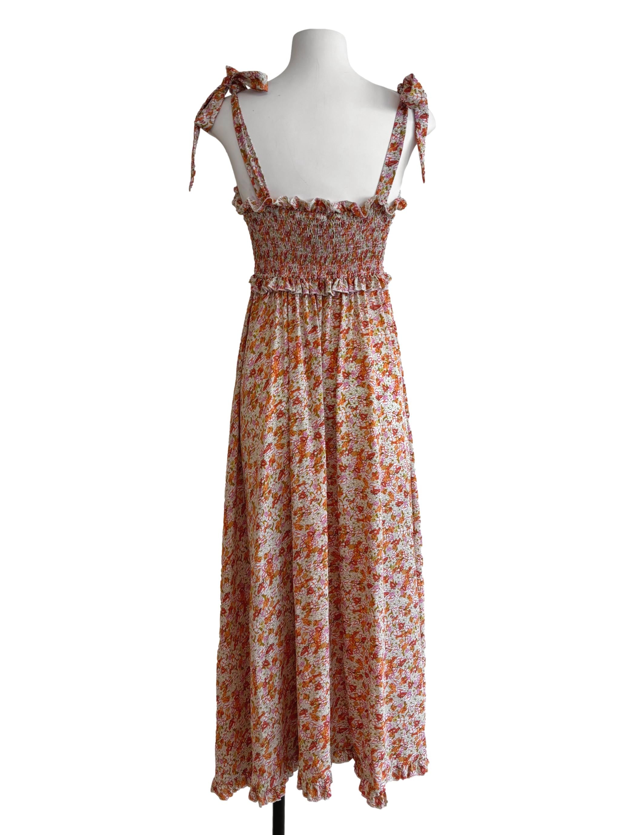 Tangelo Orange Smocked Floral Maxi Dress