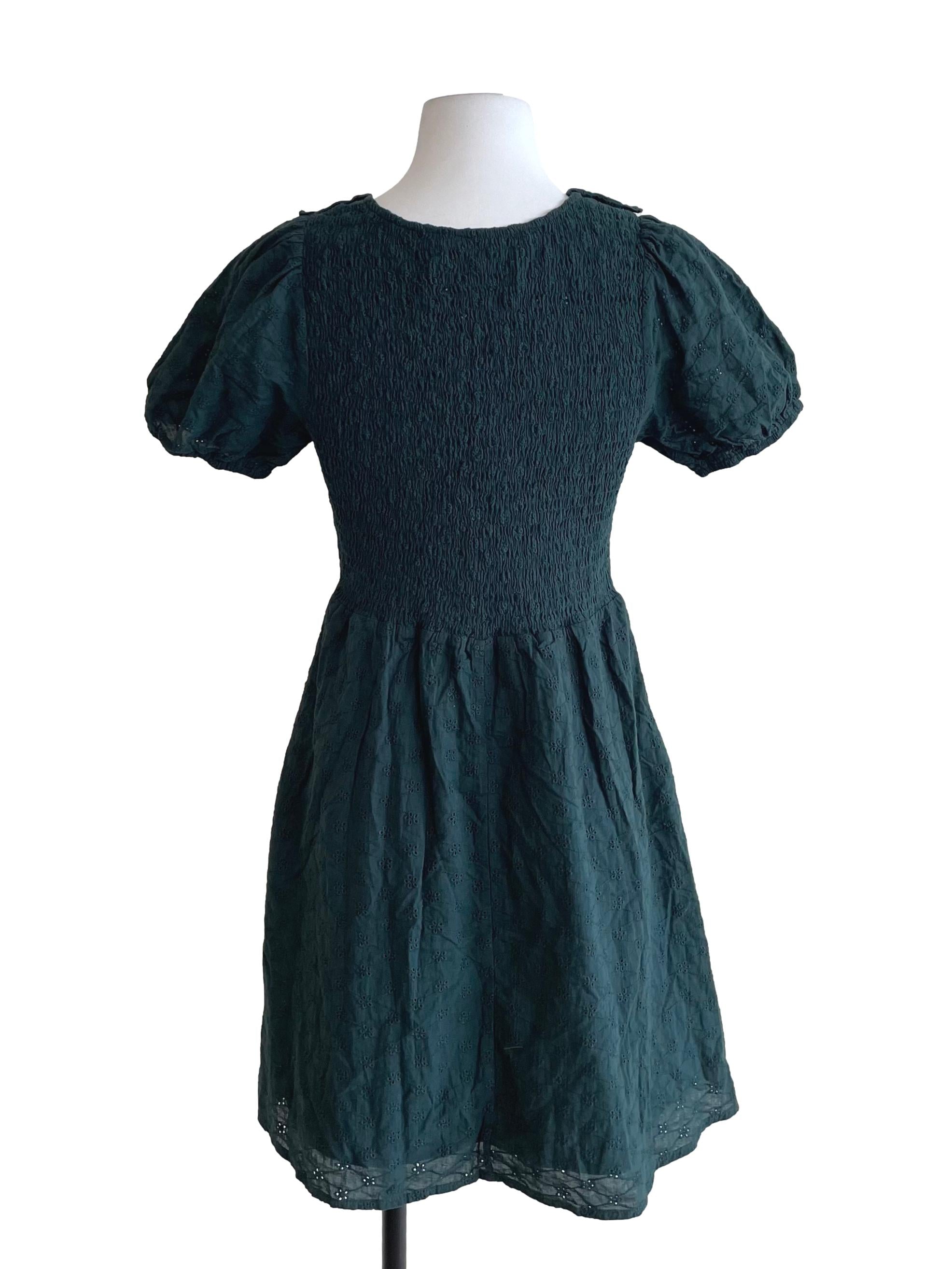 Pine Green Eyelets Shirred Dress