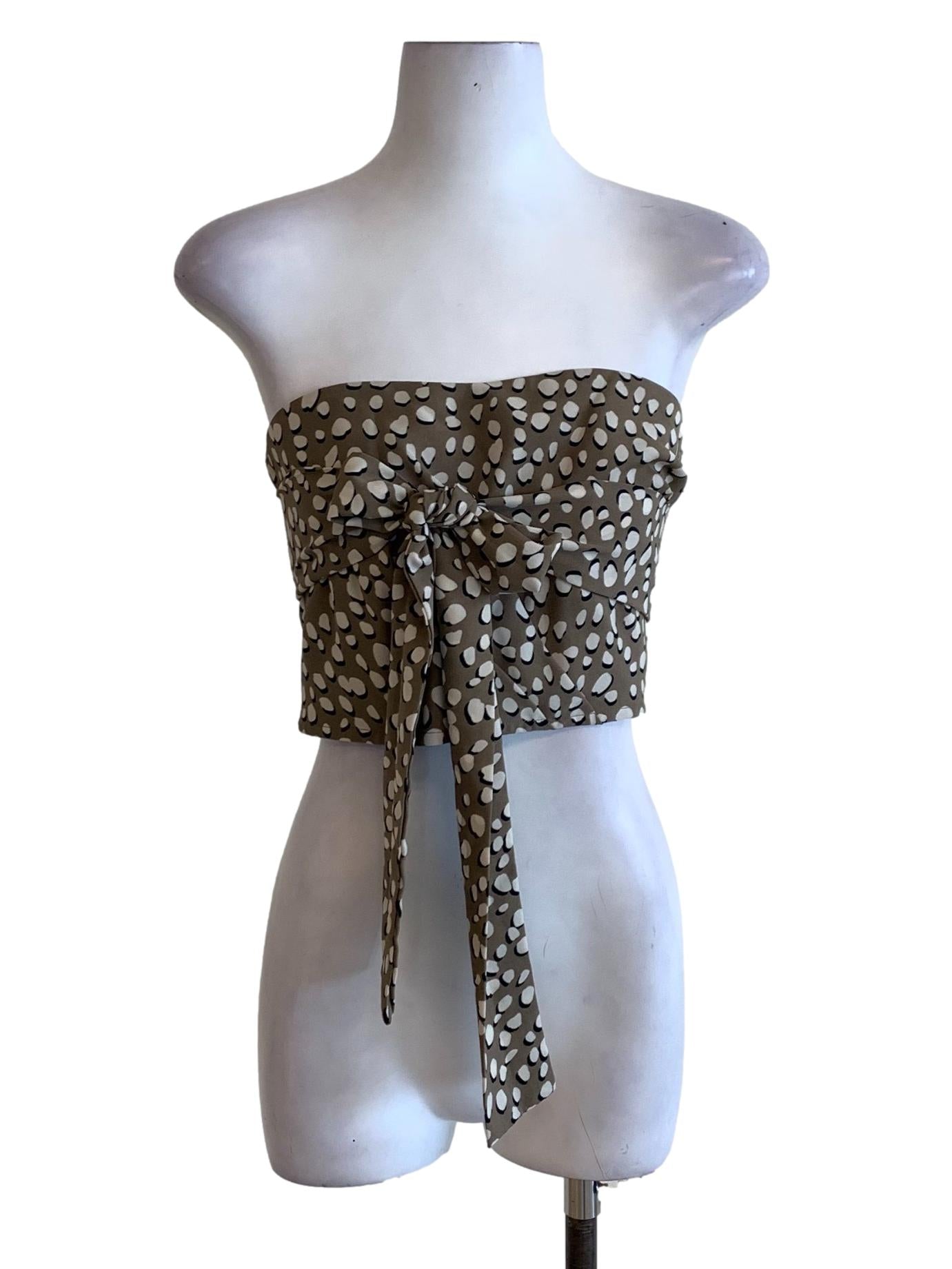 Wood Brown Leopard Pattern Strapless Tie-Front Tube Top