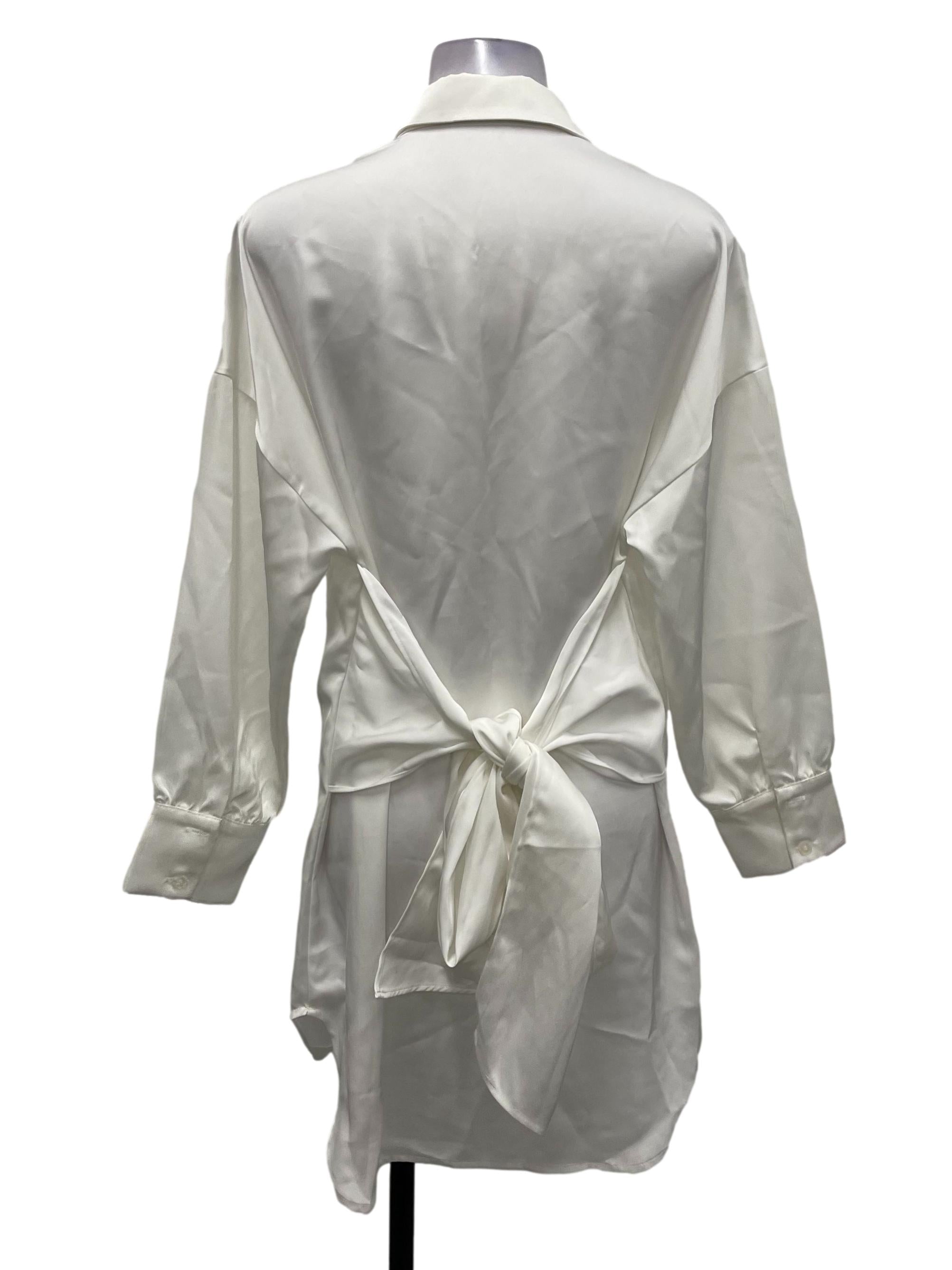 The Style Soiree White Satin Button Down Shirt Dress 