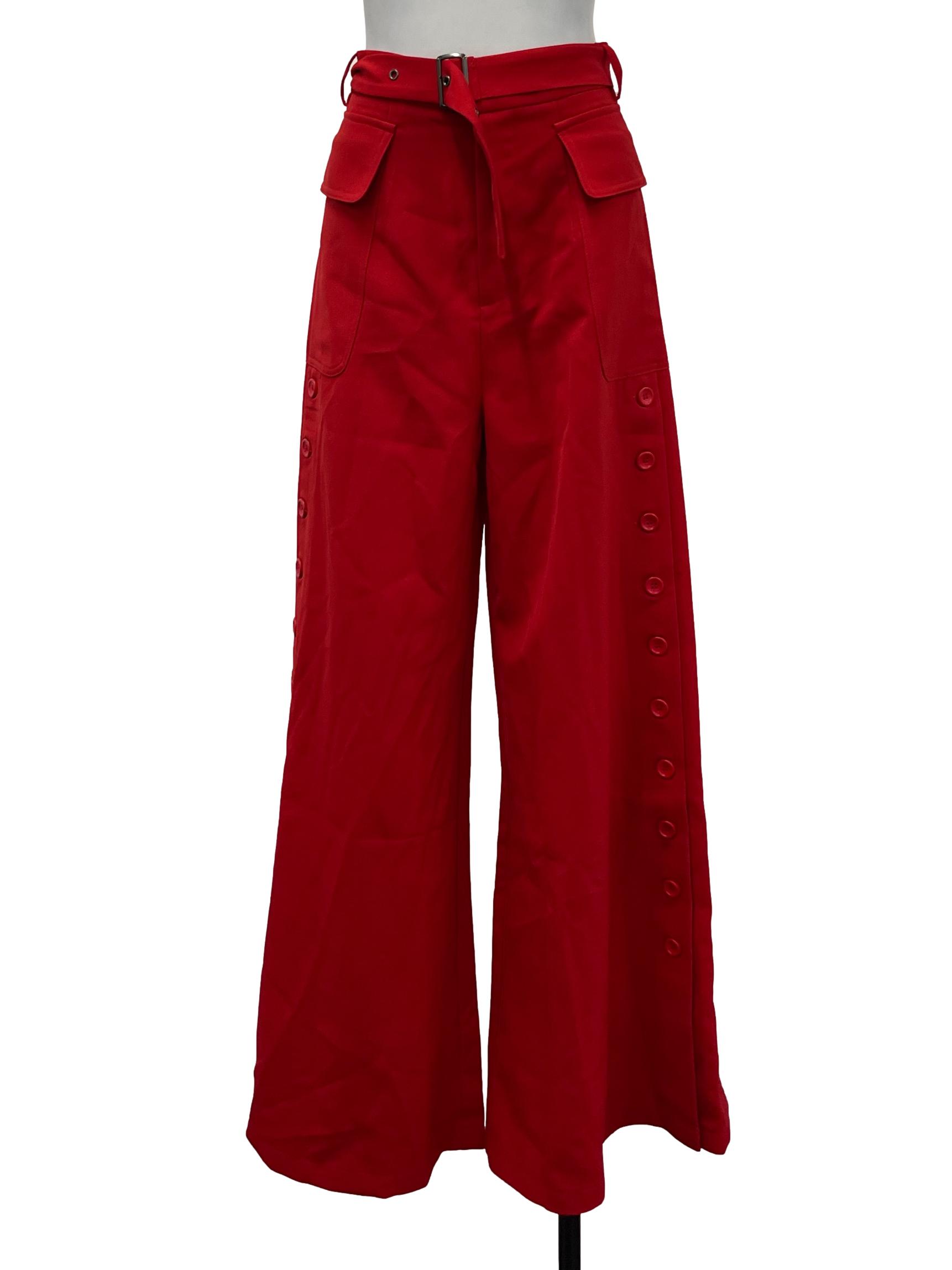 Bright Red Button Belted Pants