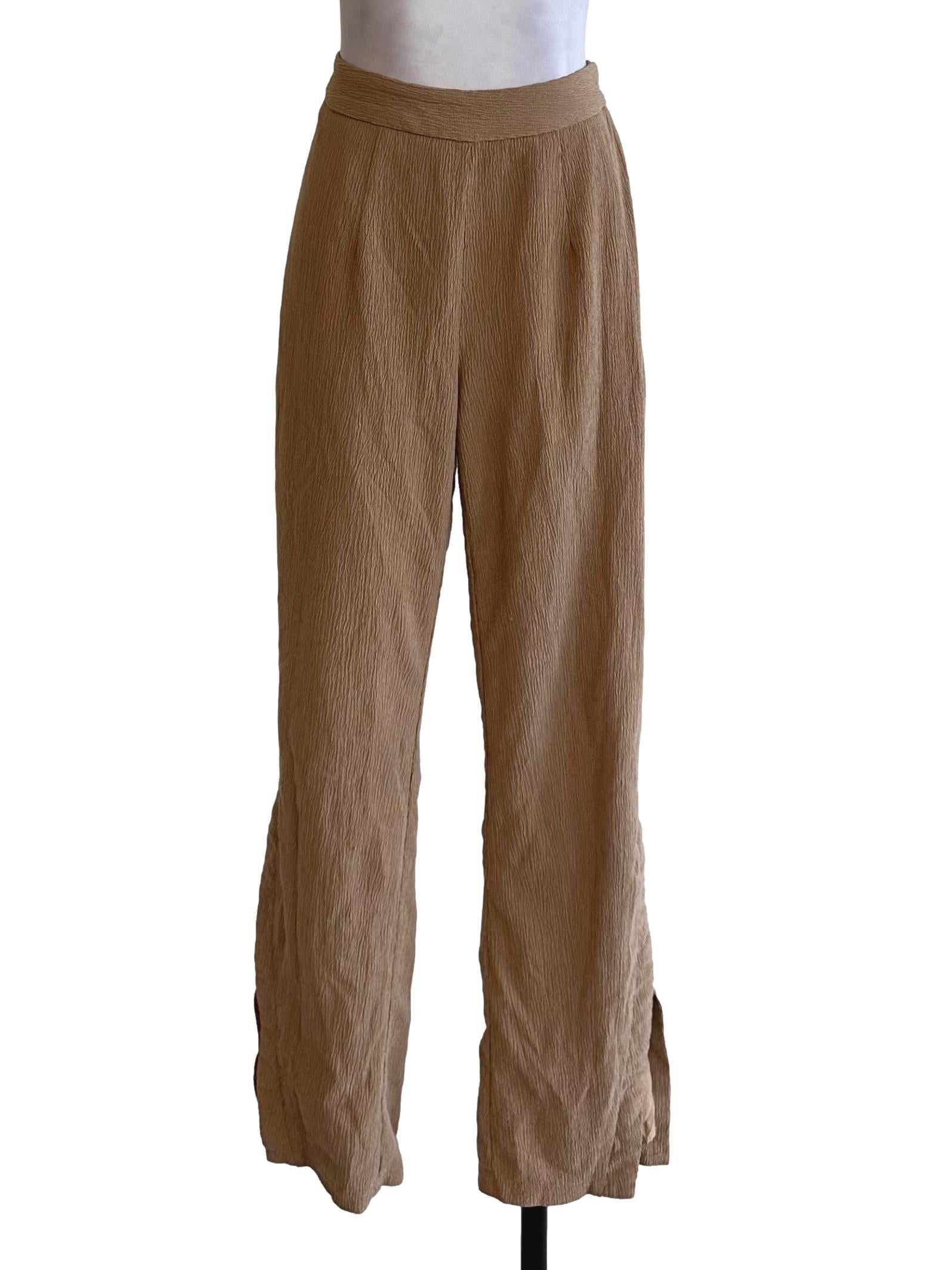Latte Brown Flare Textured Slit Pants