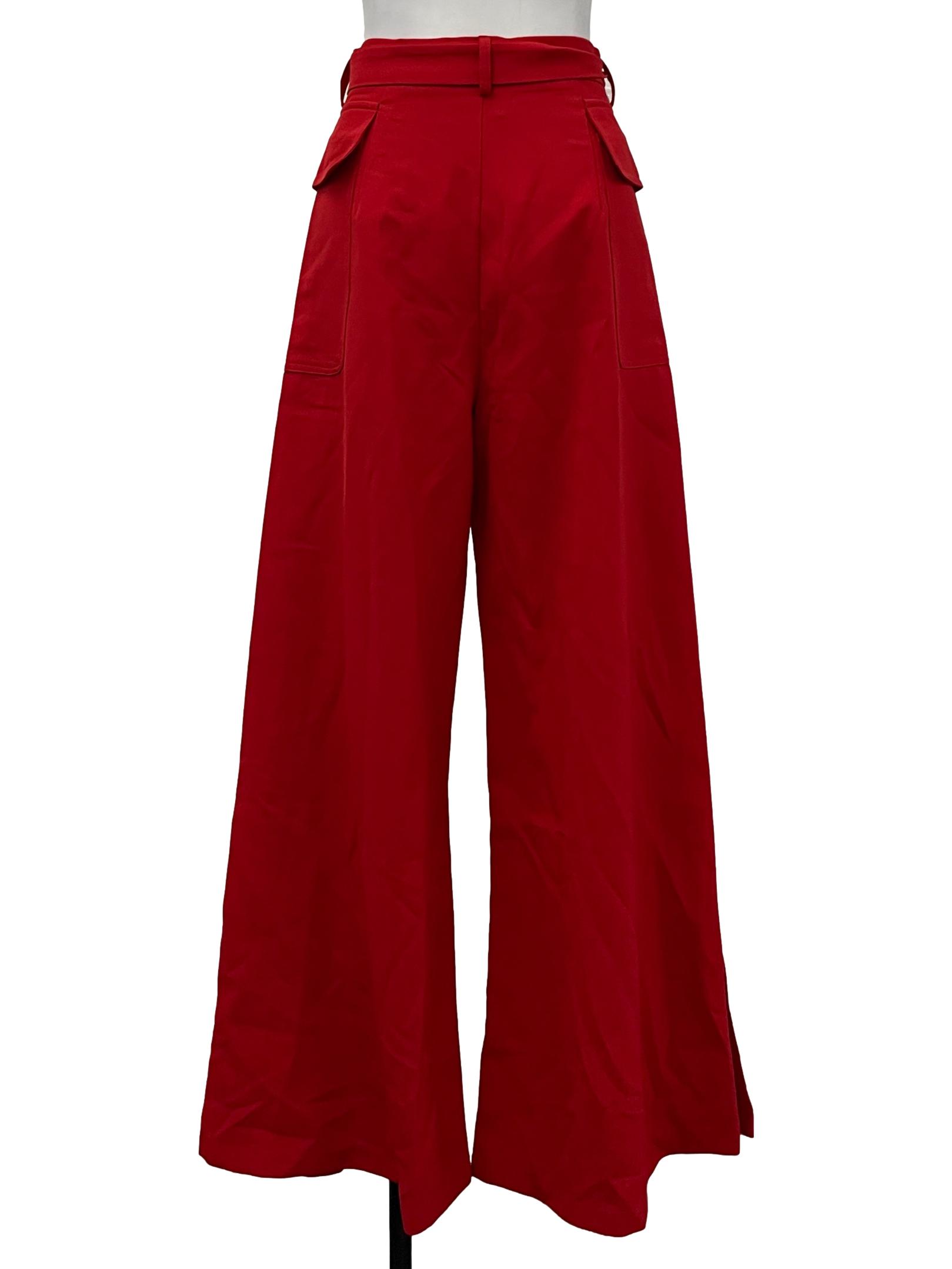 Bright Red Button Belted Pants