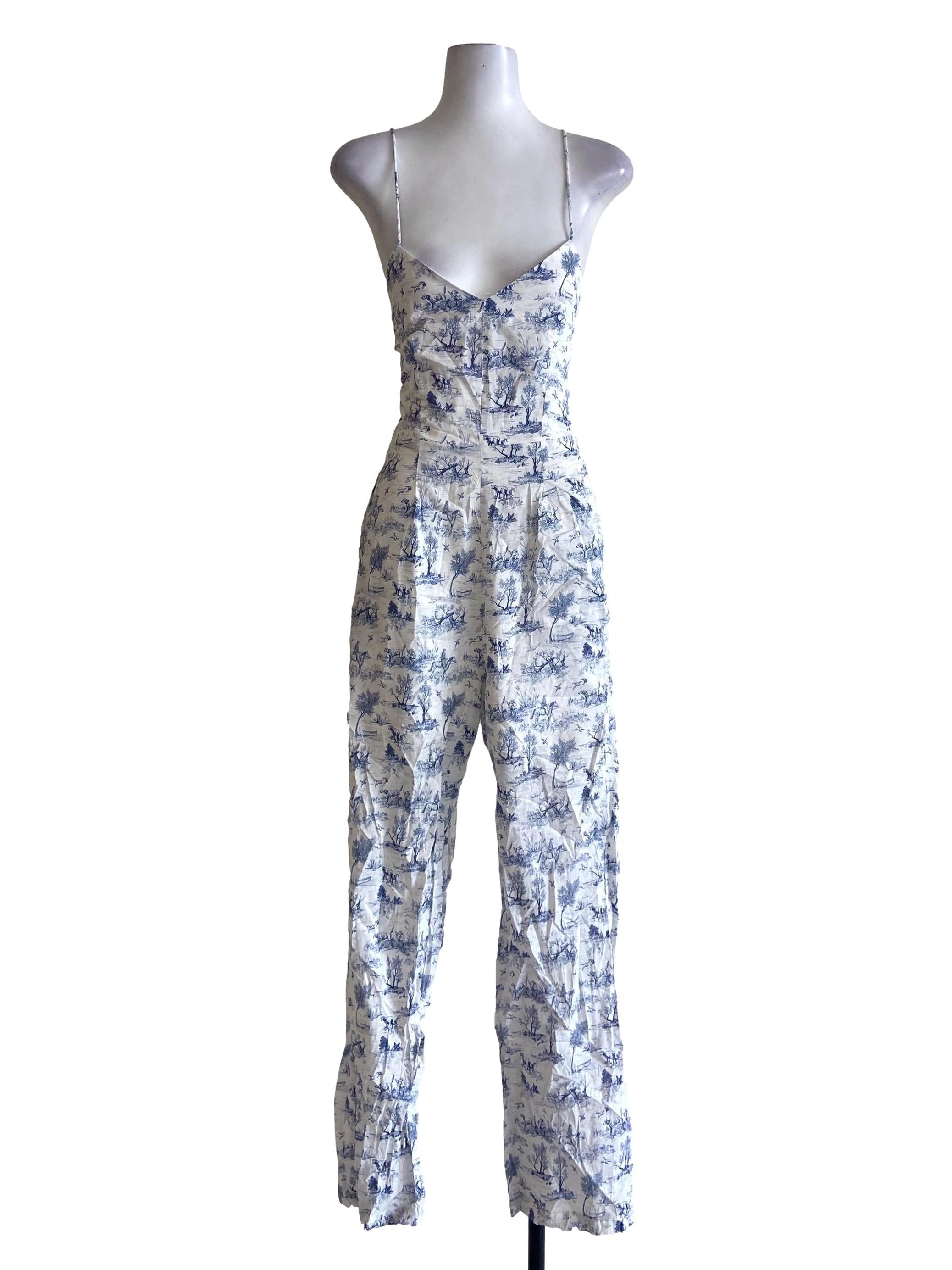 White & Blue Floral Spaghetti Strap Jumpsuit