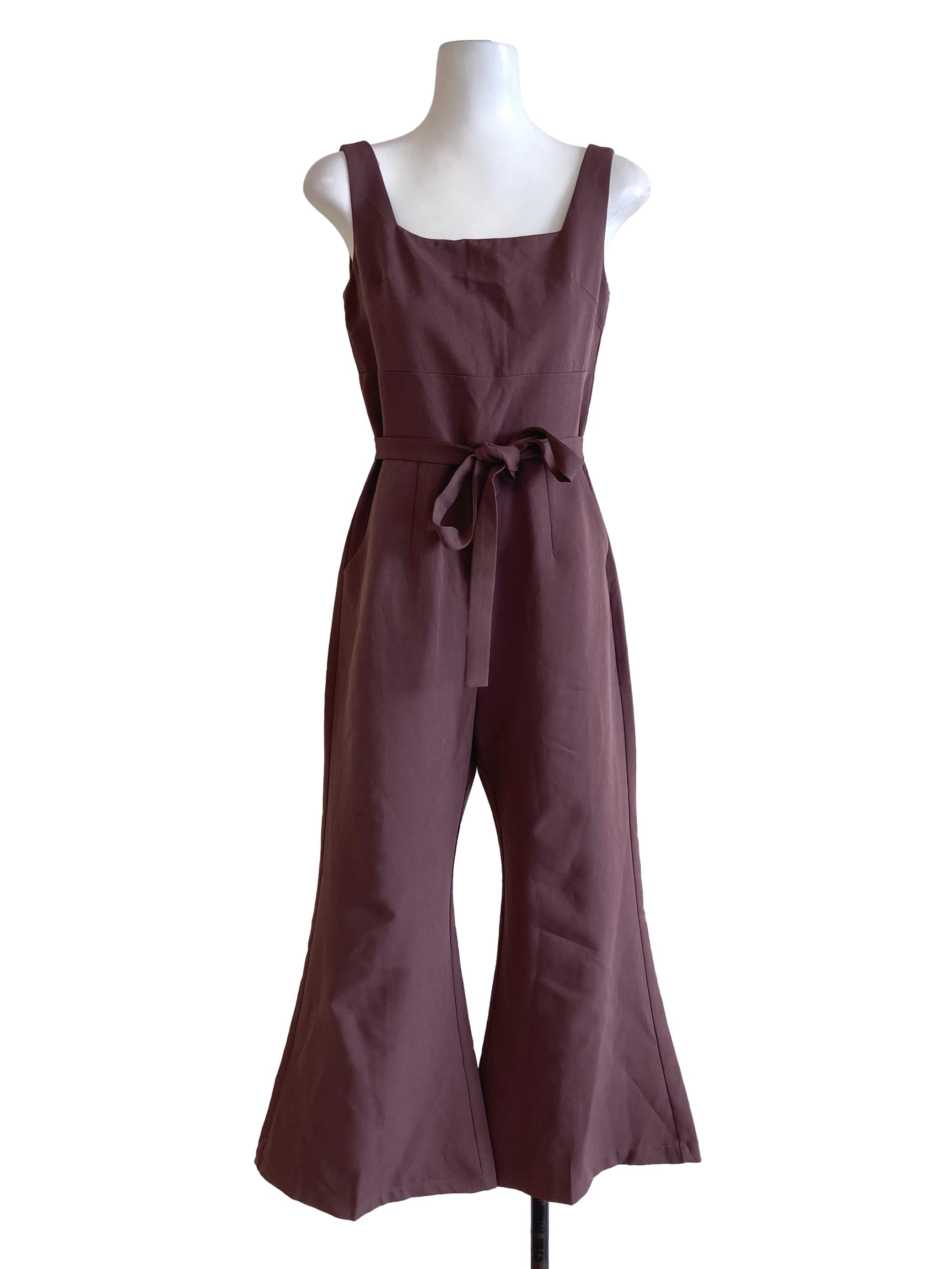 Brown Sleeveless Twill Flared Jumpsuit