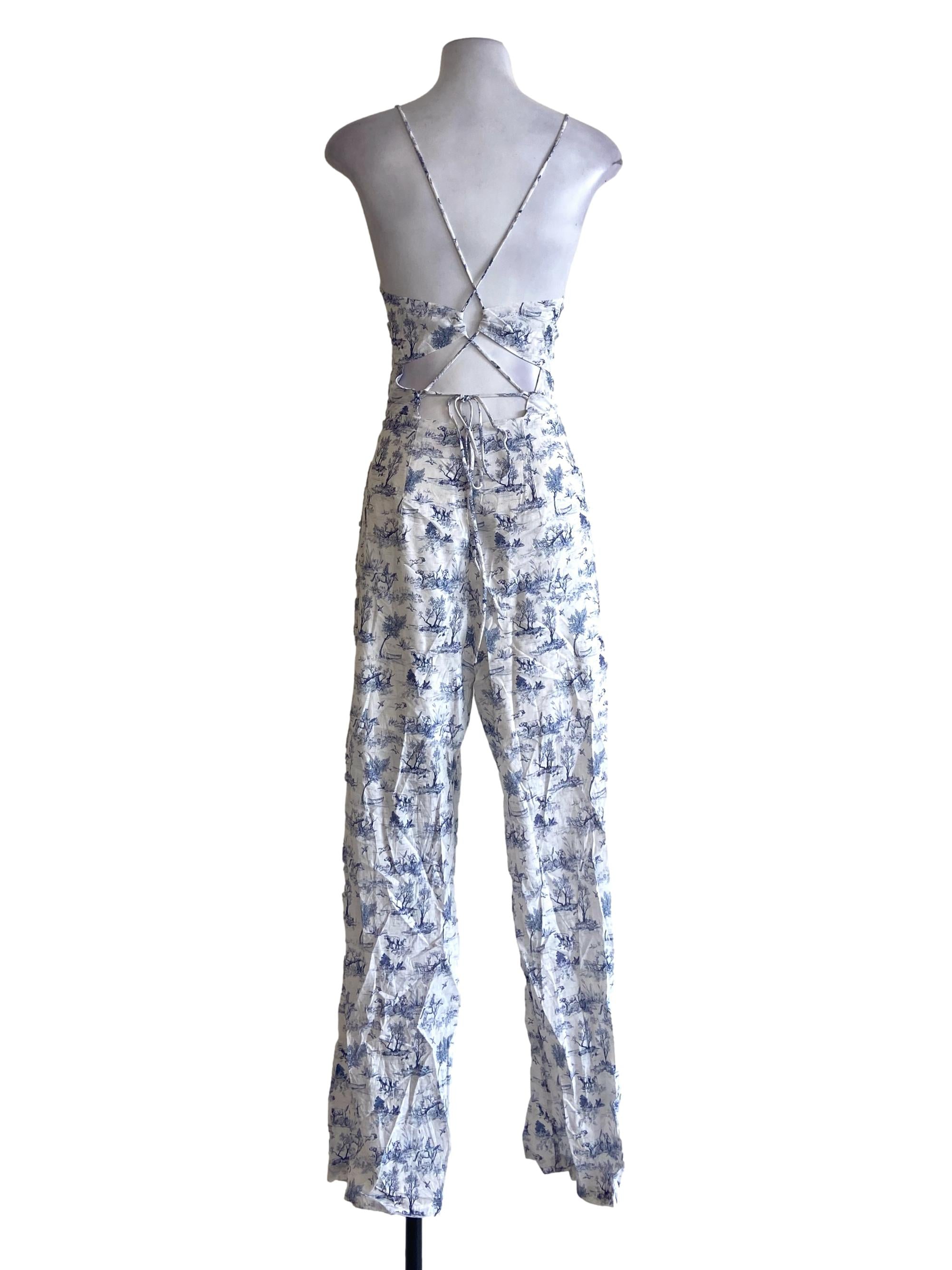 White & Blue Floral Spaghetti Strap Jumpsuit