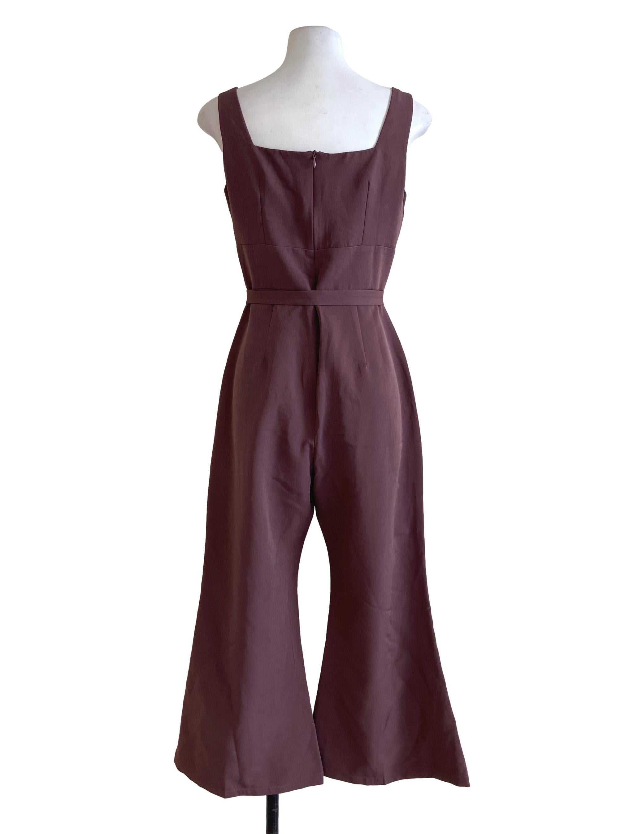 Brown Sleeveless Twill Flared Jumpsuit