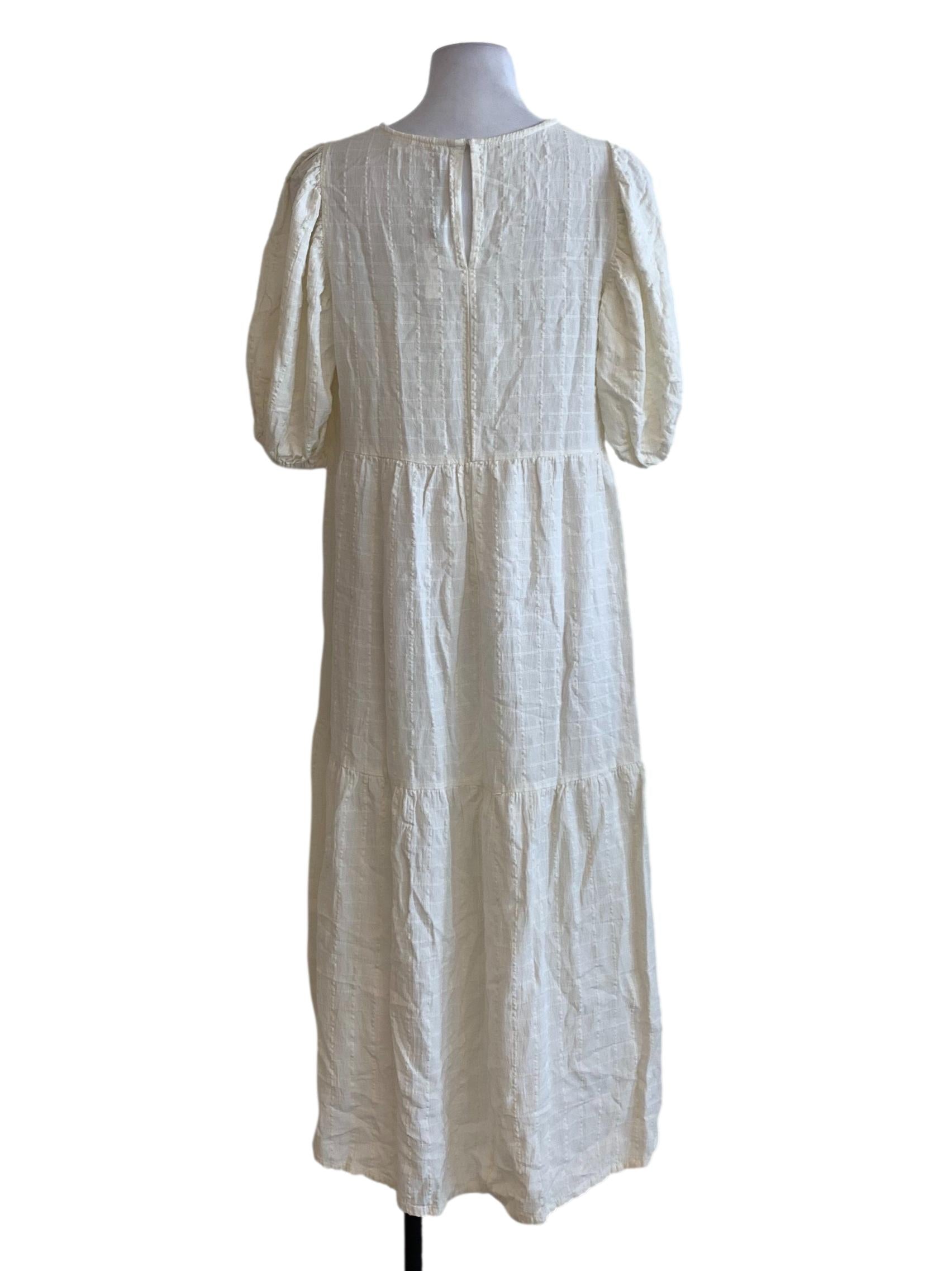 Cream White Textured Check Midi Dress With Short Puffed Sleeve