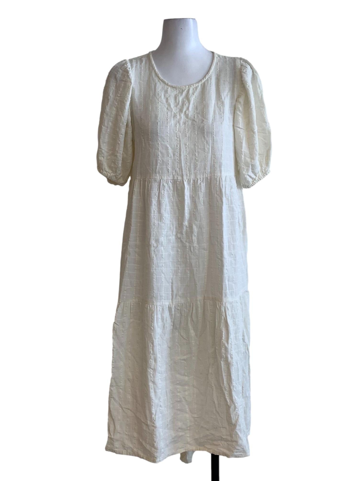Cream White Textured Check Midi Dress With Short Puffed Sleeve