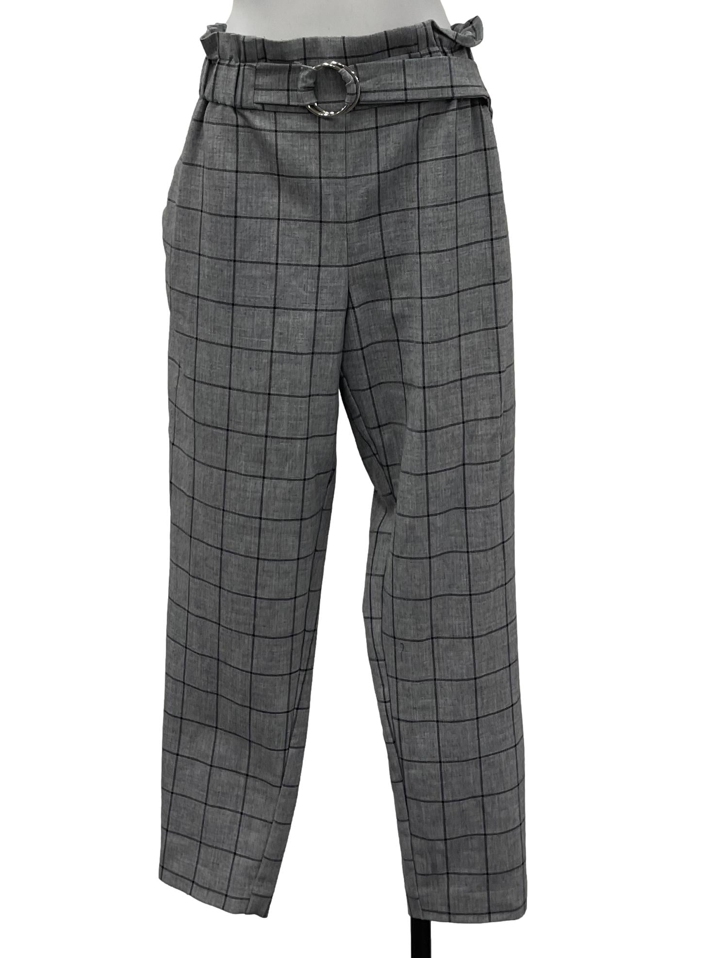 Grey Checkered Paperbag Belted Pants