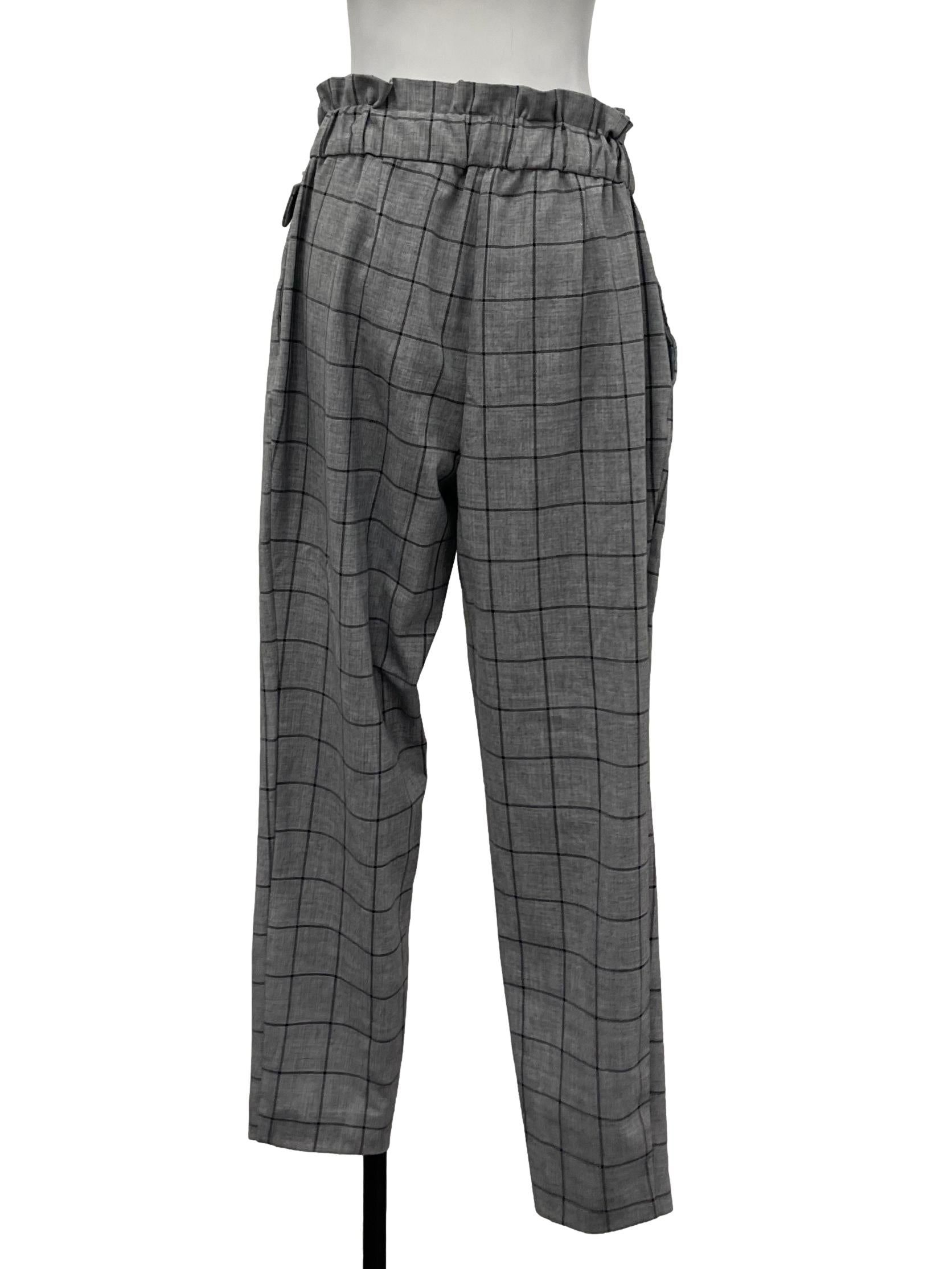 Grey Checkered Paperbag Belted Pants