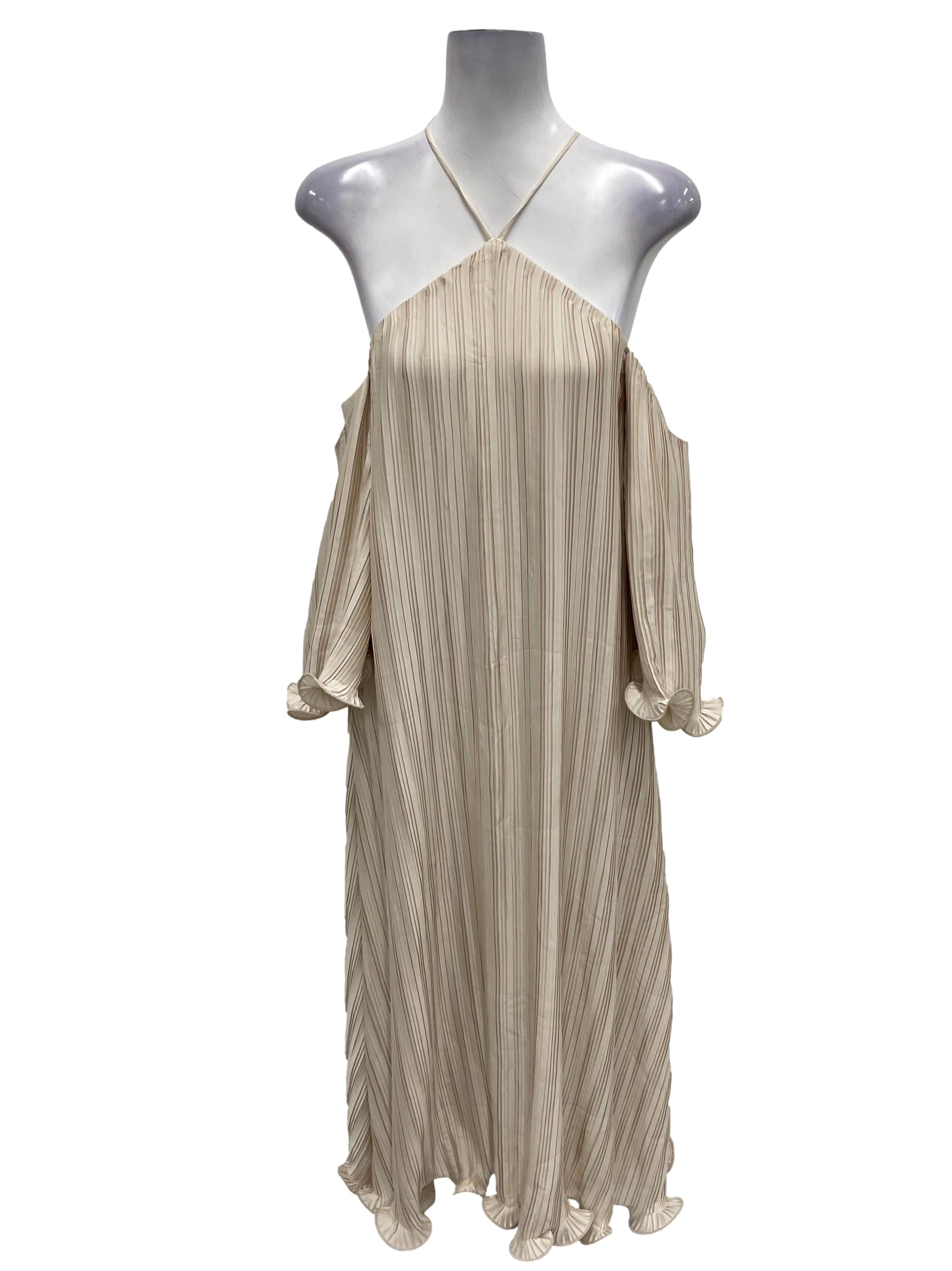 Claude Beige Satin Pleated Cami Maxi Dress