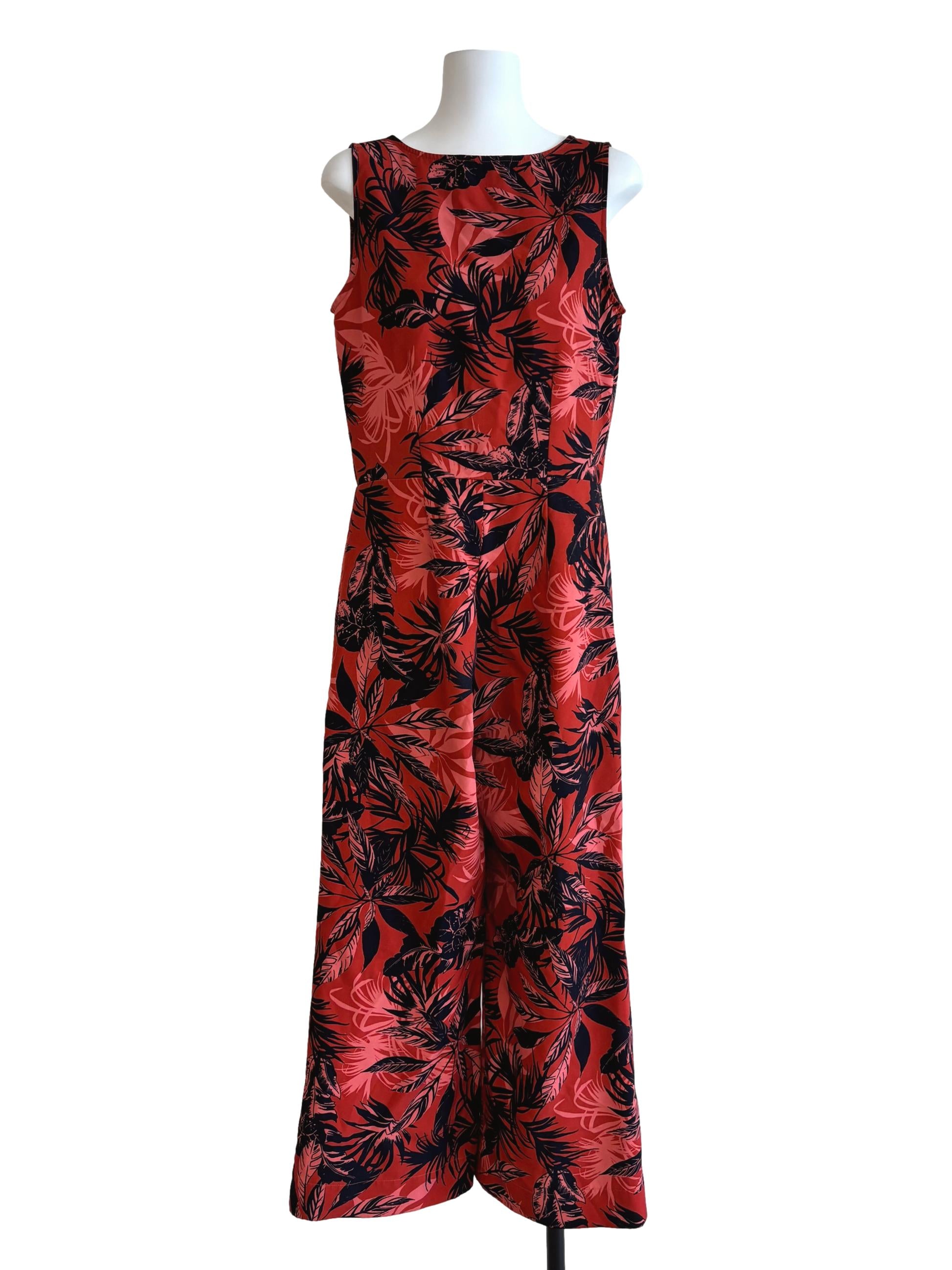 Brick Red Boat Neck Patterned Jumpsuit