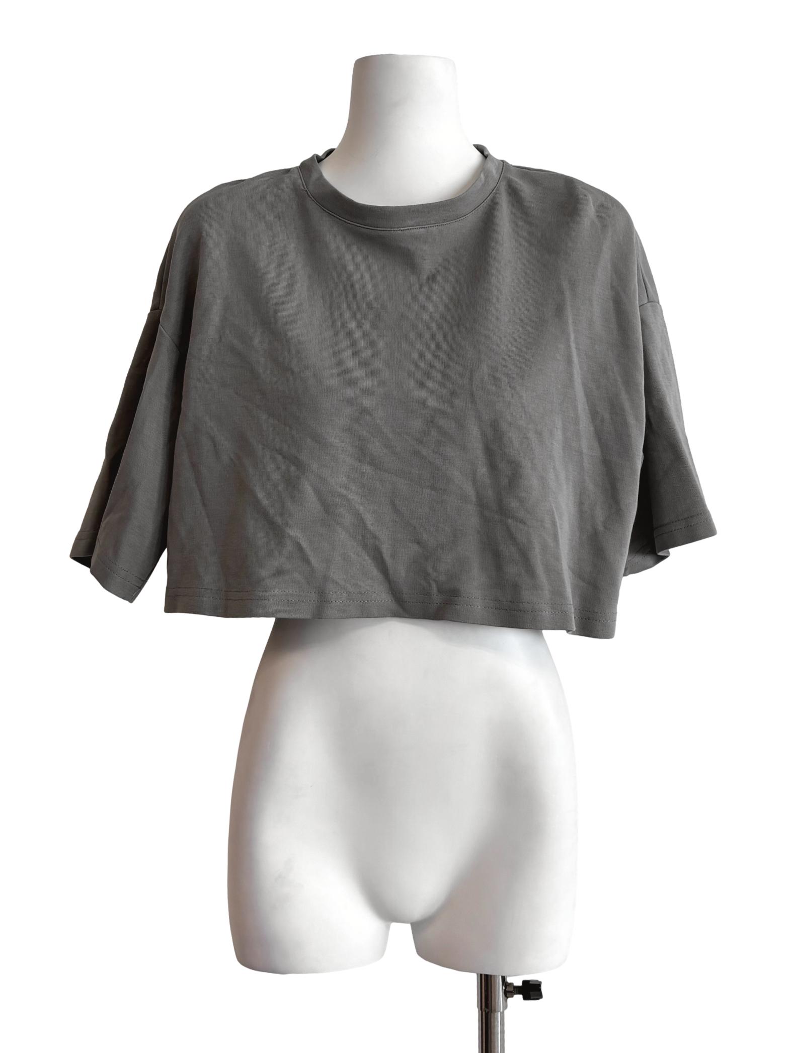 Cement Grey Round Neck Cropped Tee YHF