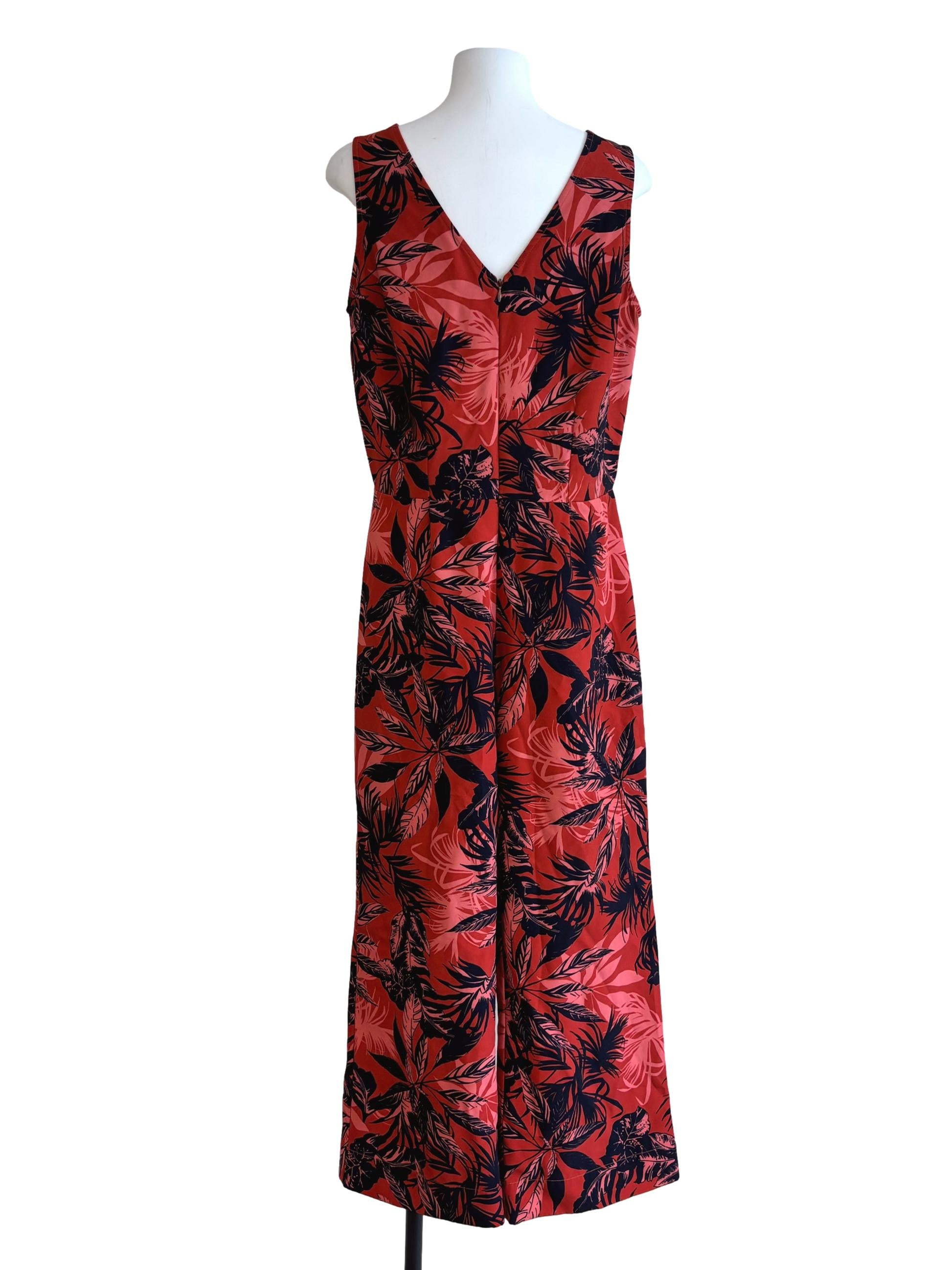 Brick Red Boat Neck Patterned Jumpsuit