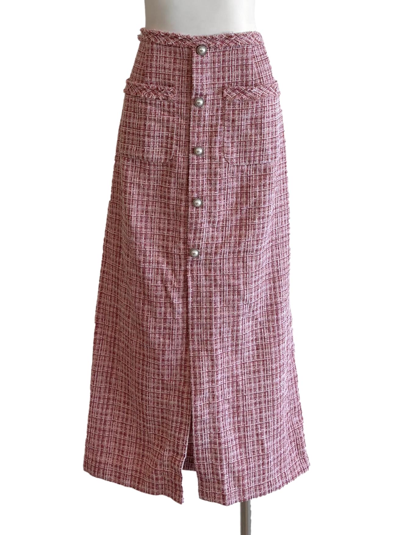 Cherry Red Buttoned Long Tweed Skirt