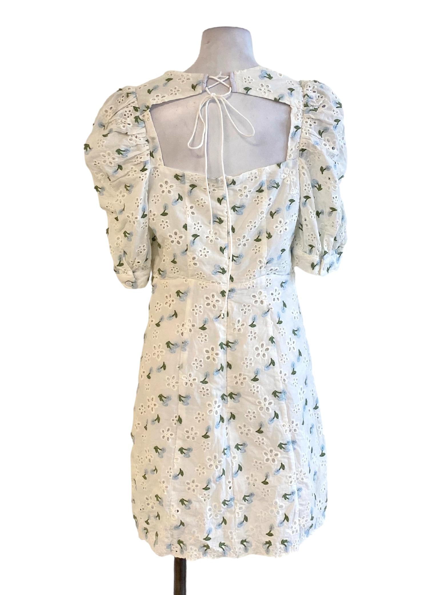 Daisy White Floral Embroidered Square Neck Tie Lace A-Line Dress