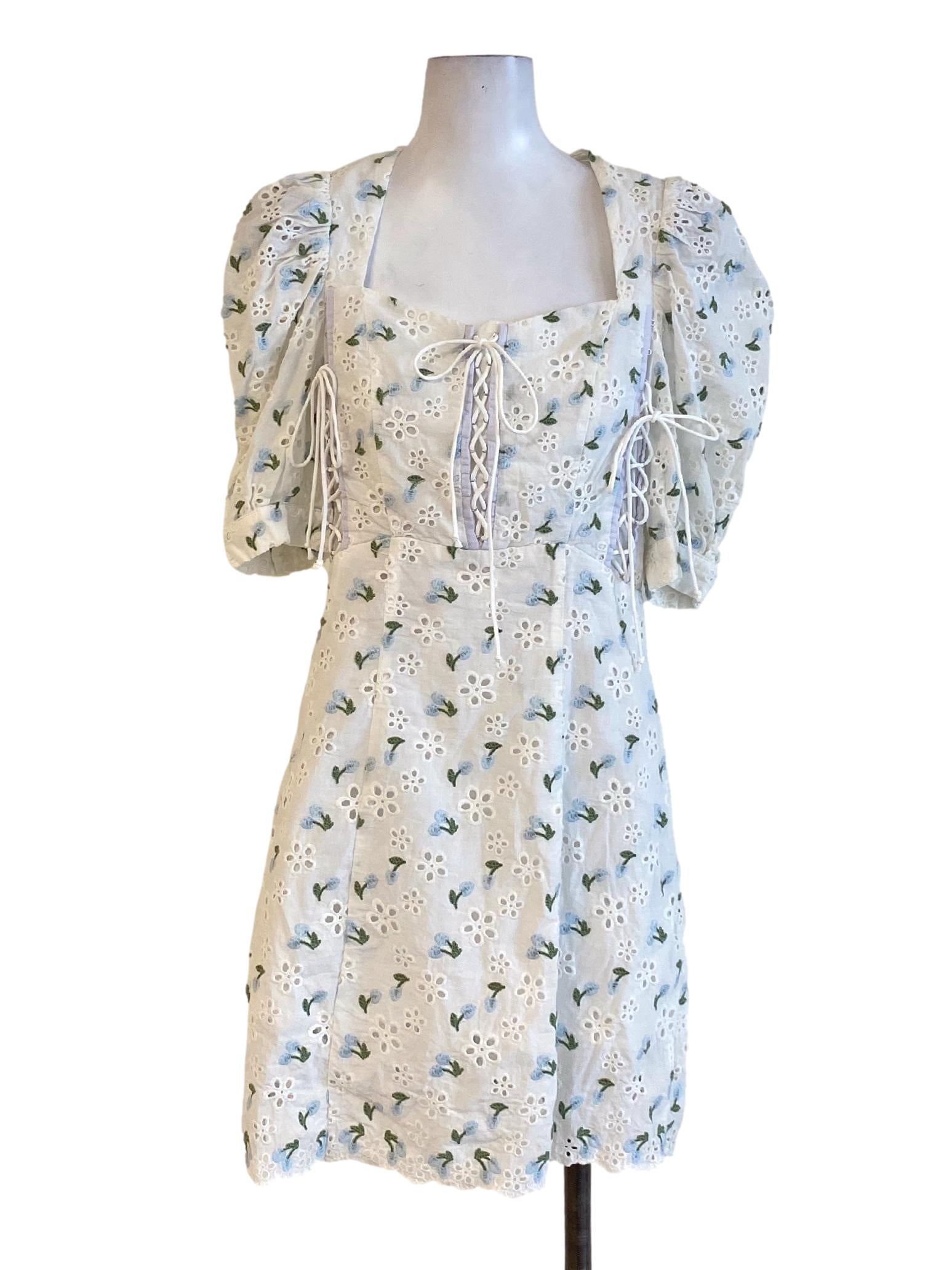 Daisy White Floral Embroidered Square Neck Tie Lace A-Line Dress