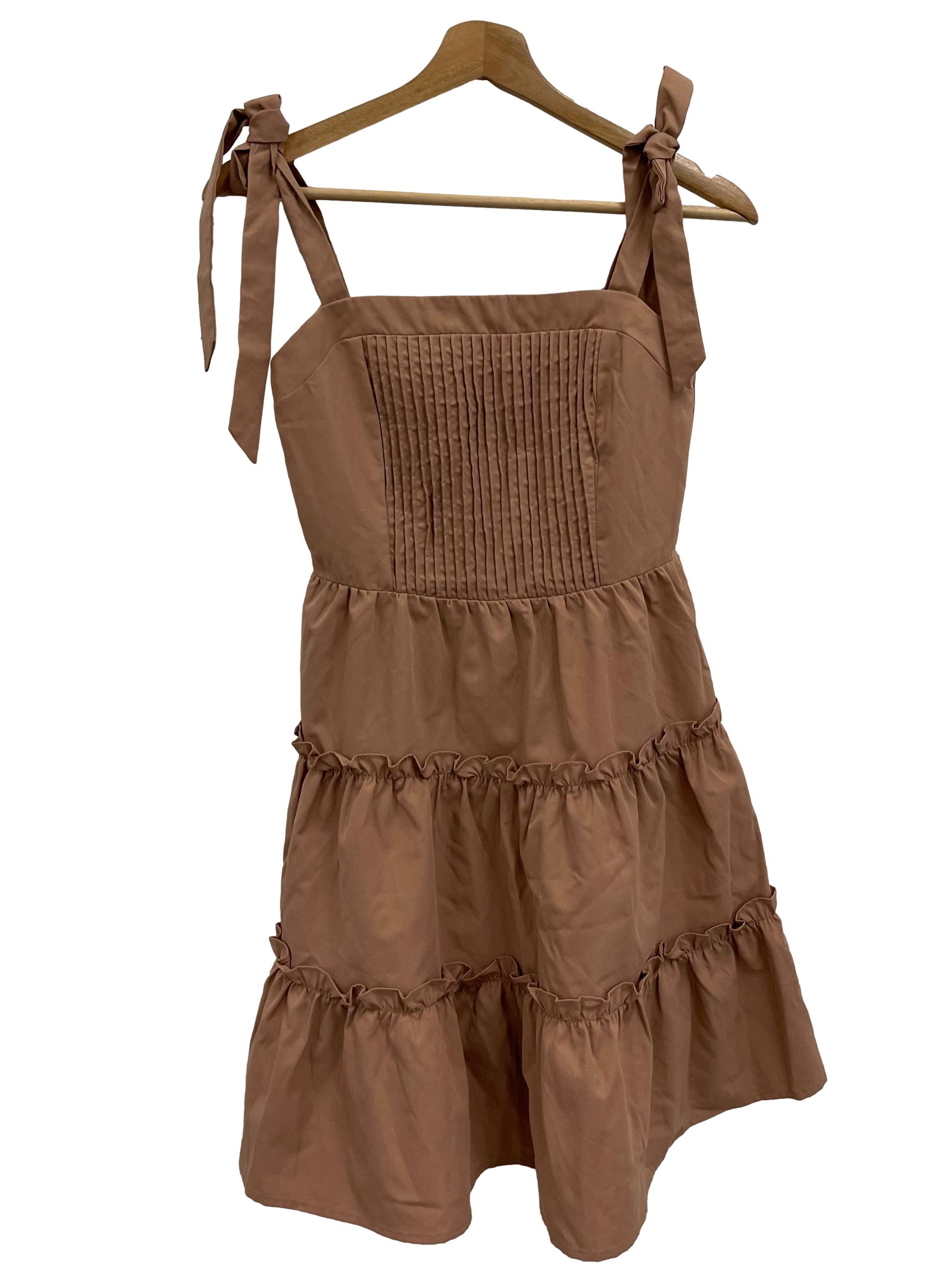 Pomelo Brown Across Neck Pleated Mini Dress