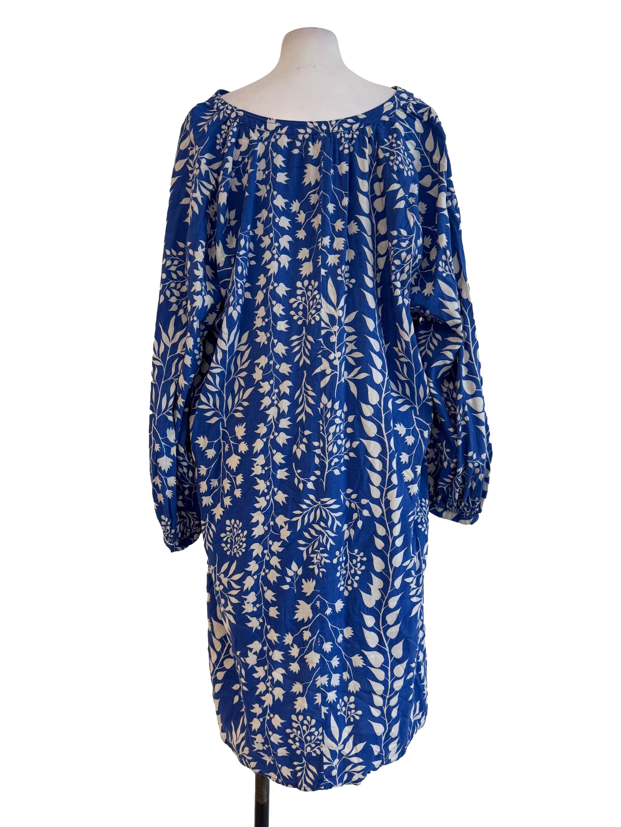 Azure Blue With White Motifs Long Sleeve Dress
