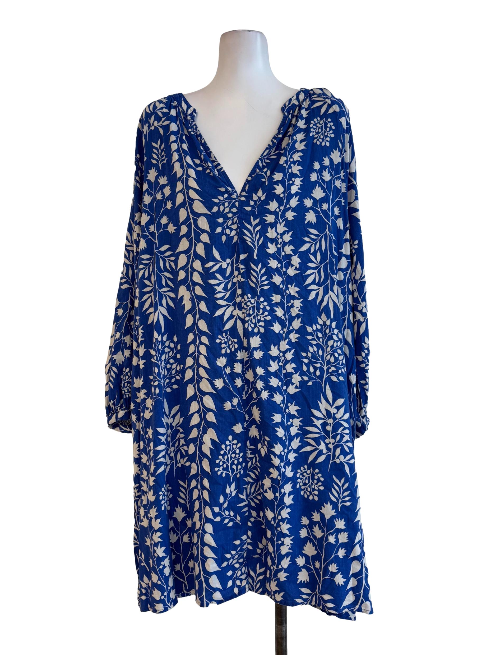 Azure Blue With White Motifs Long Sleeve Dress