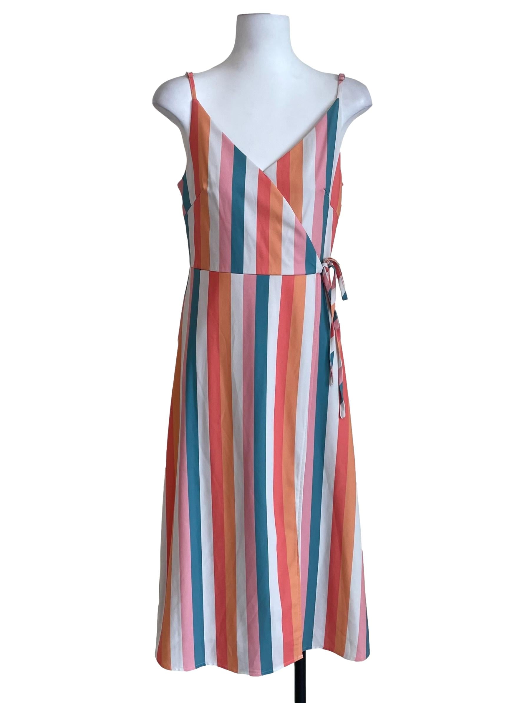 White Multicolor Stripes Wrap Dress