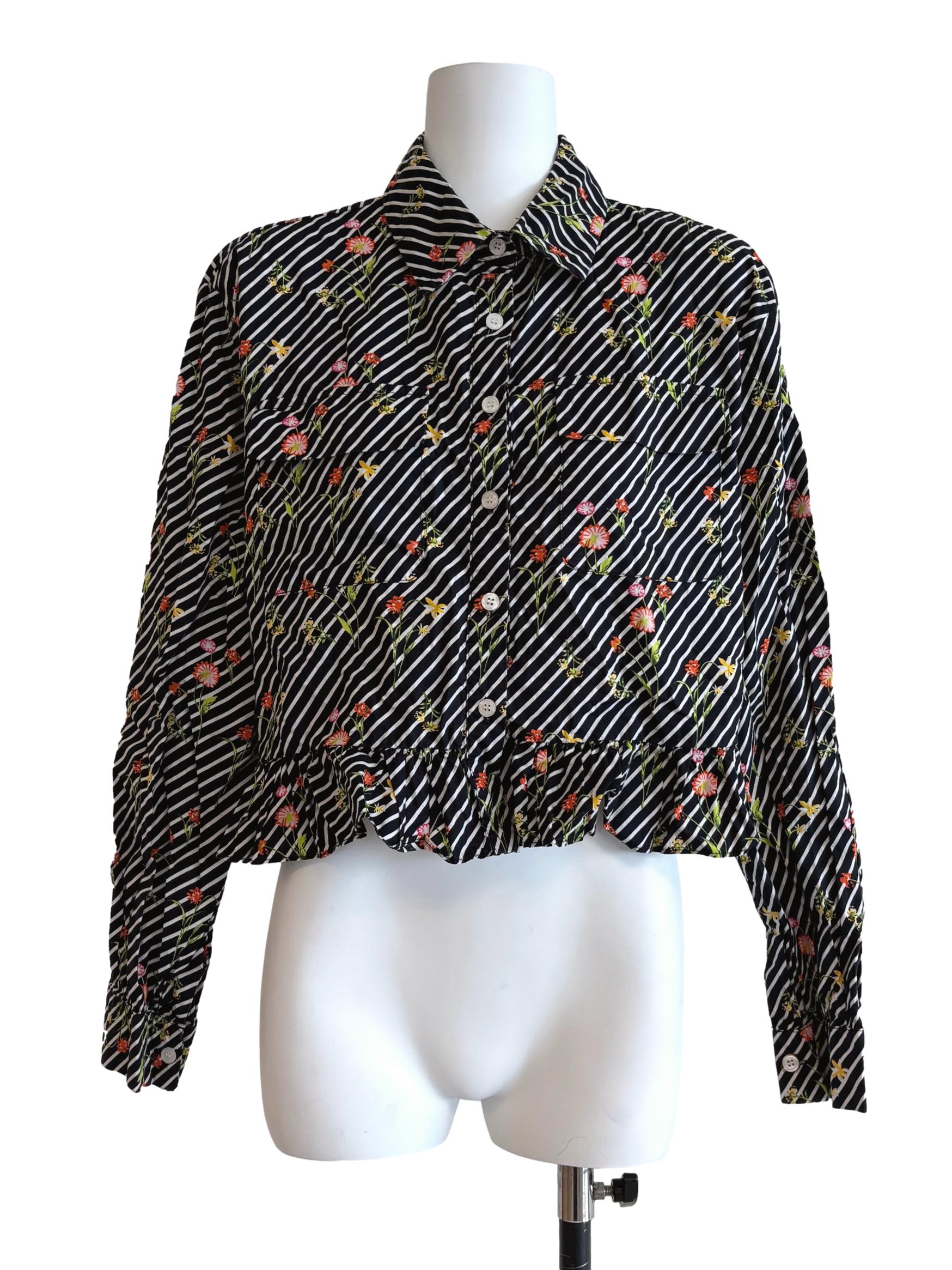 Black And White Striped Floral Blouse