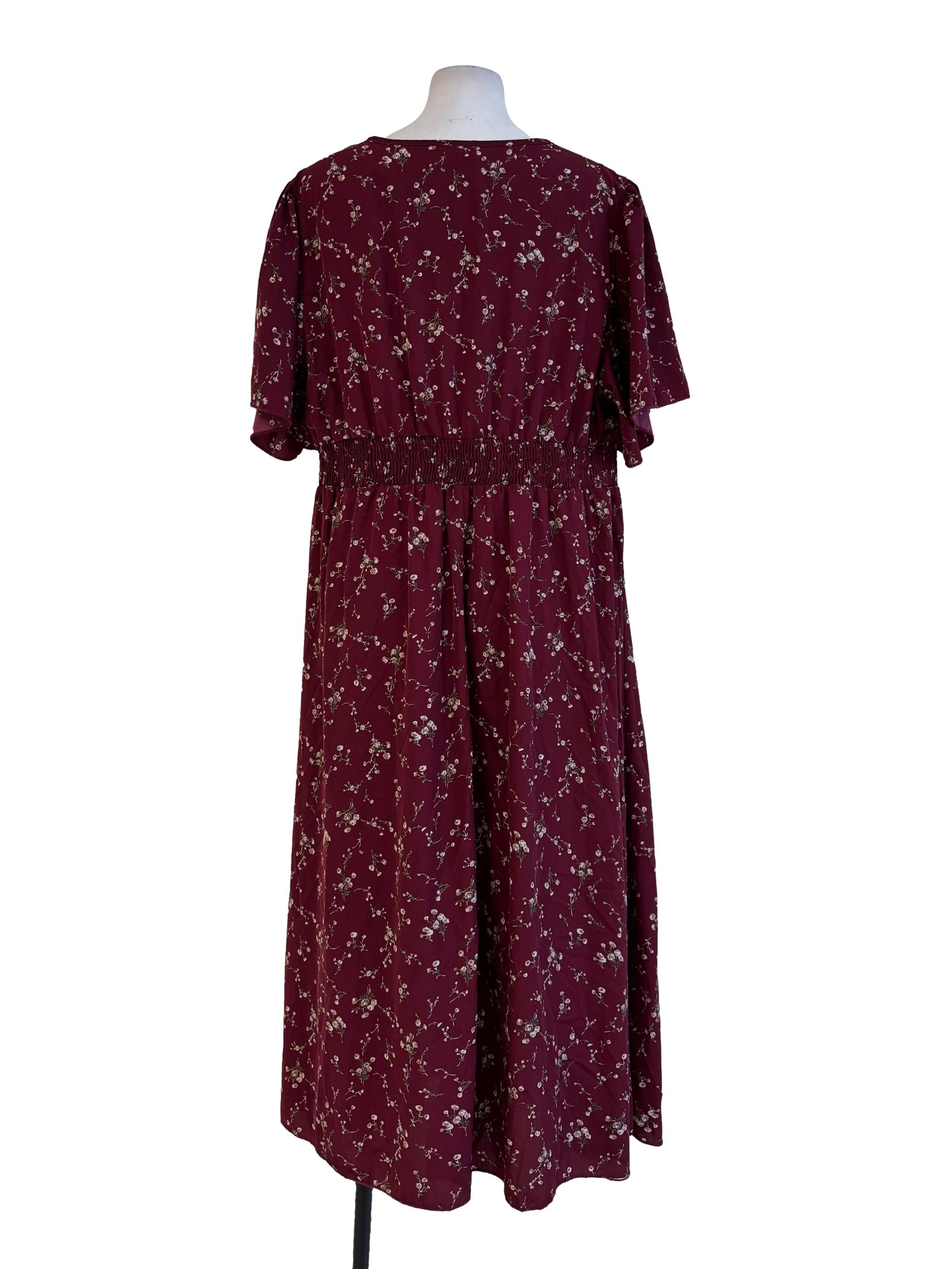 Maroon With Floral Prints V Neck Dress