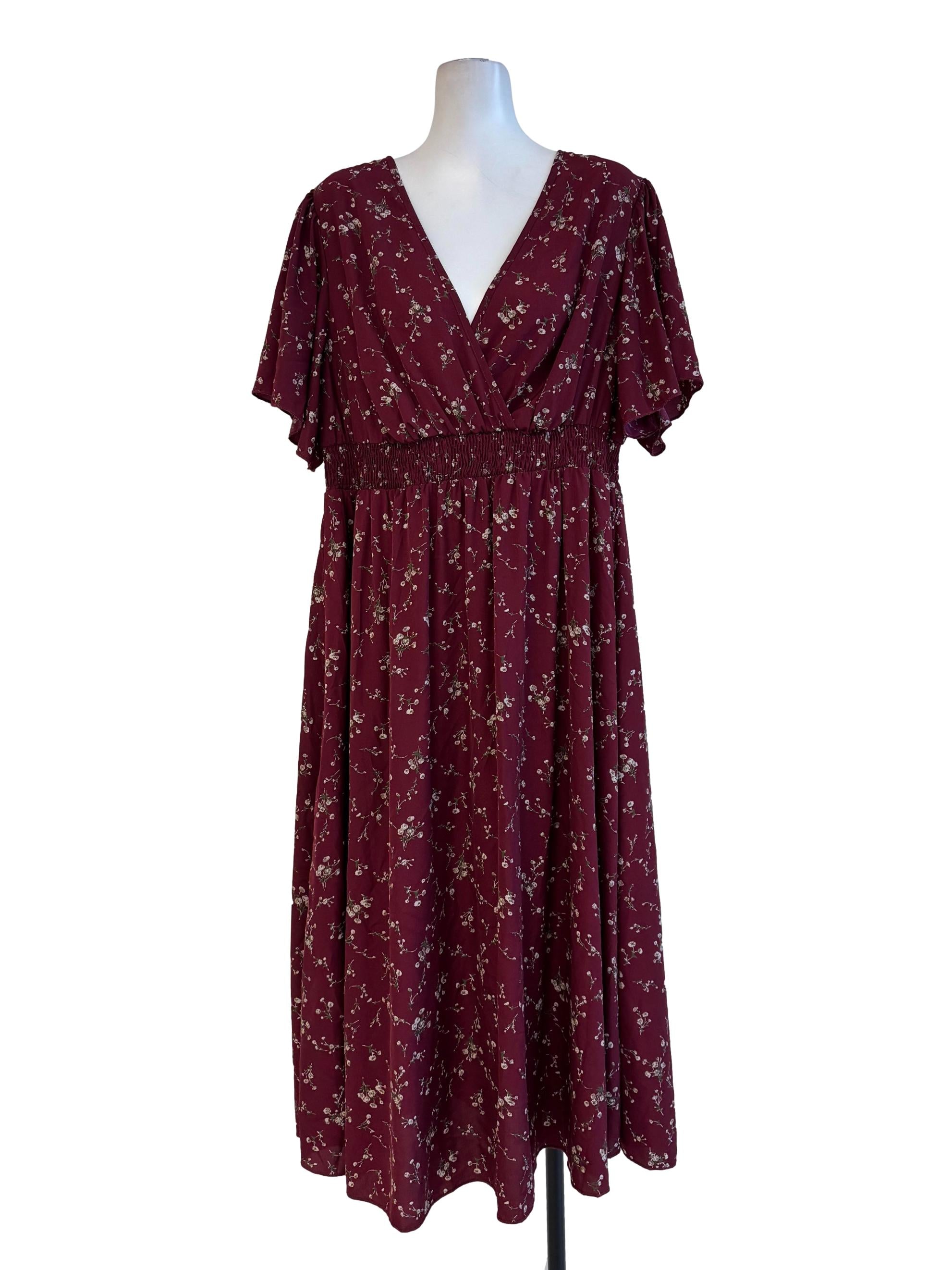 Maroon With Floral Prints V Neck Dress