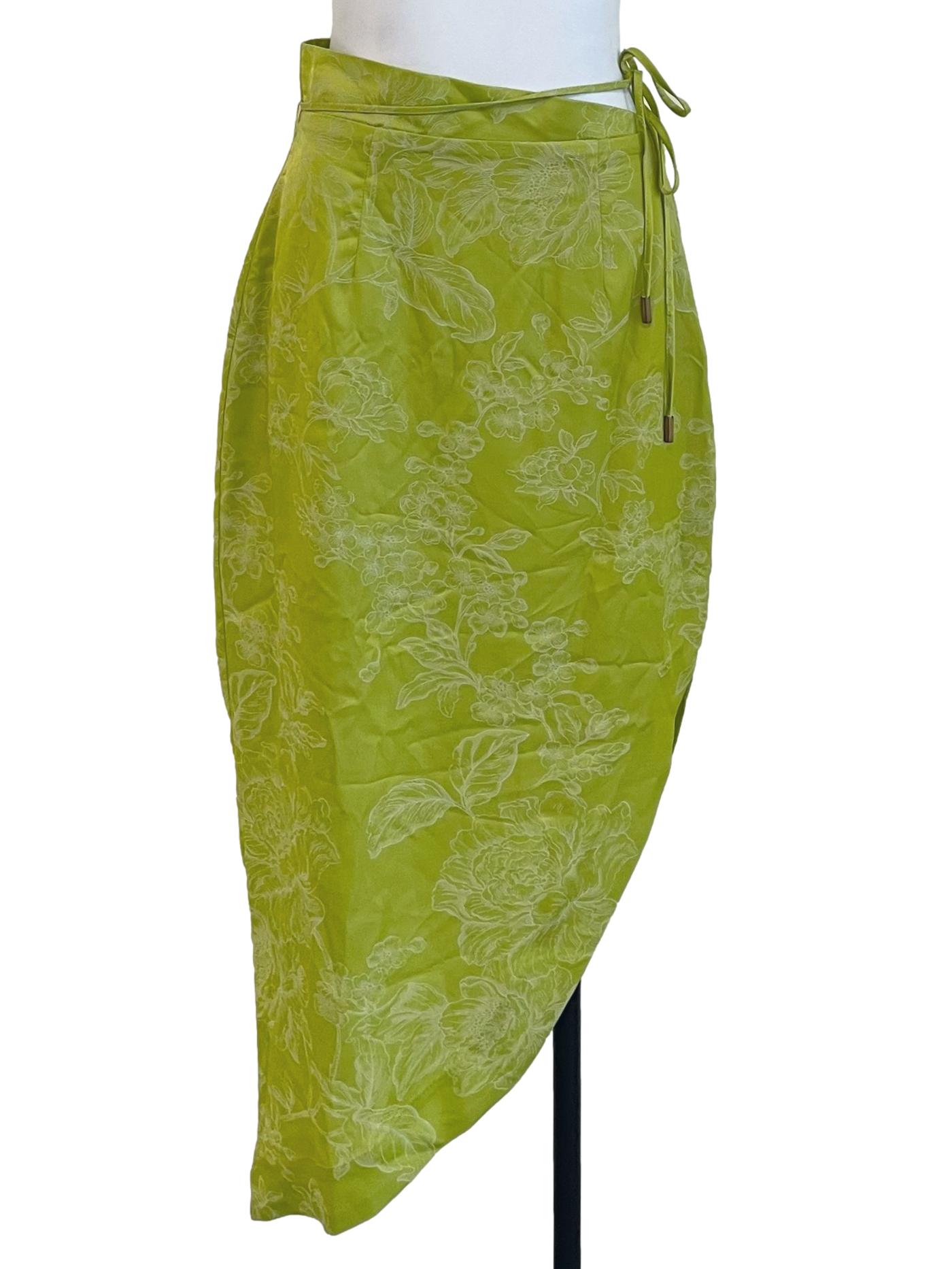 Bright Green Floral Asymmetrical Slit Skirt