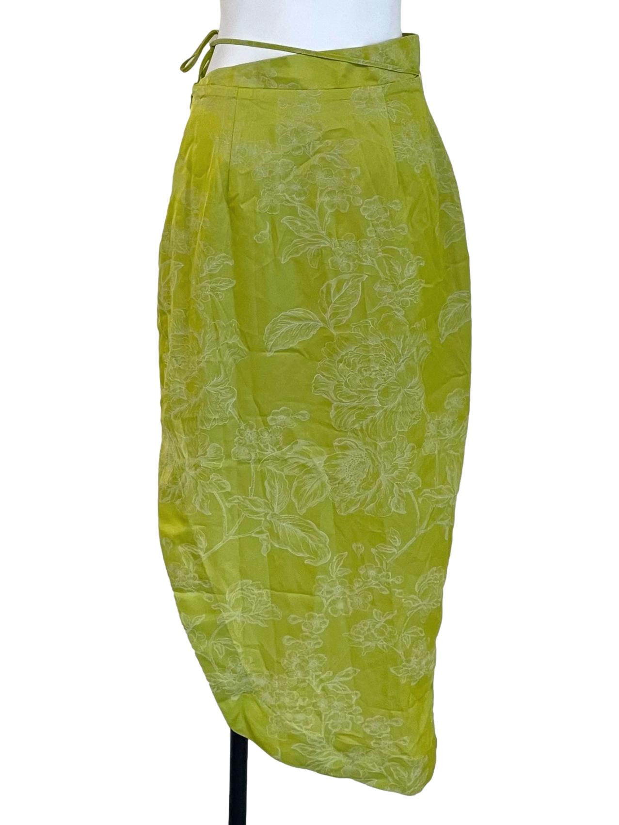 Bright Green Floral Asymmetrical Slit Skirt