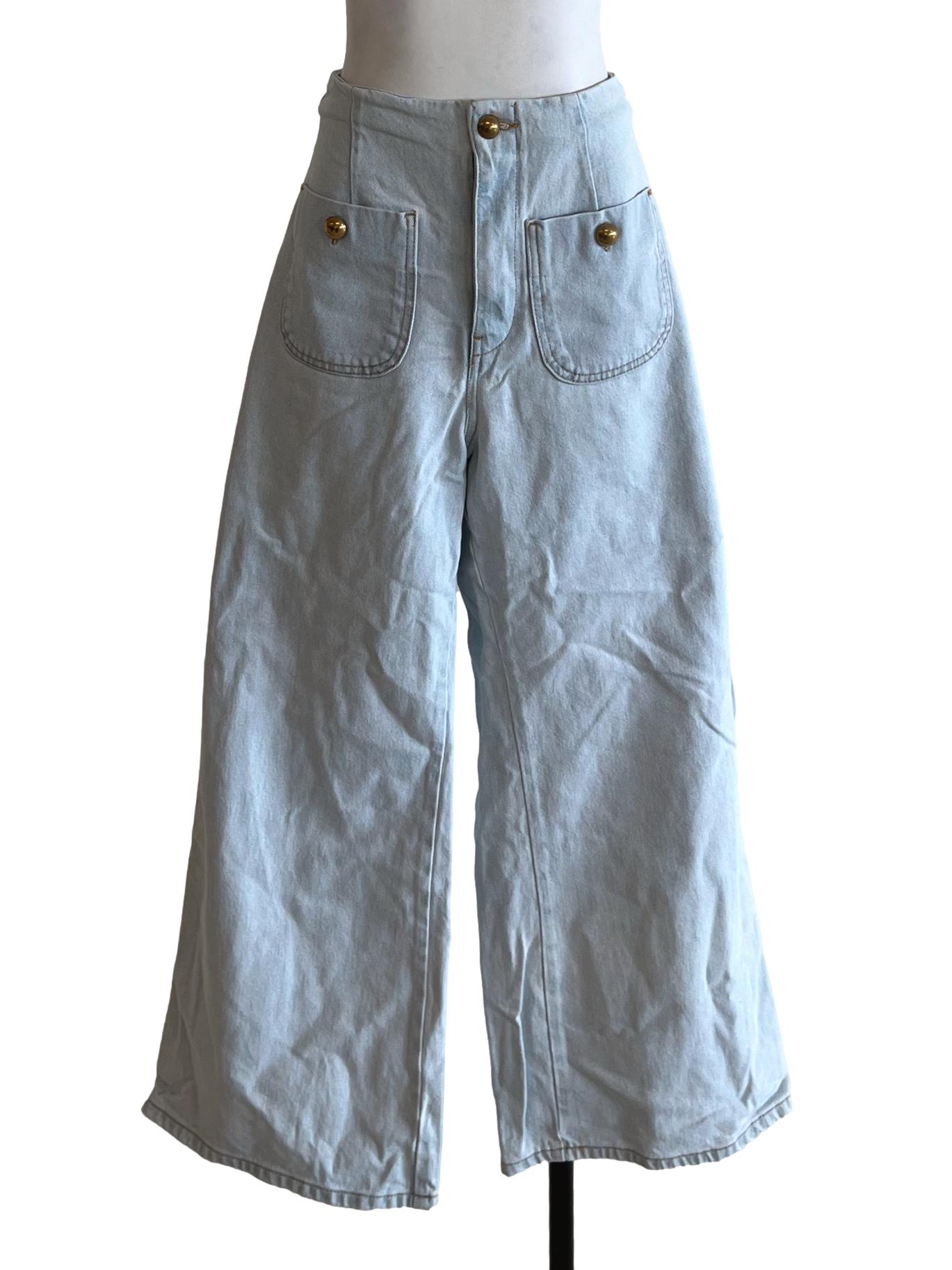 Blue Plain Wide-Leg Jeans