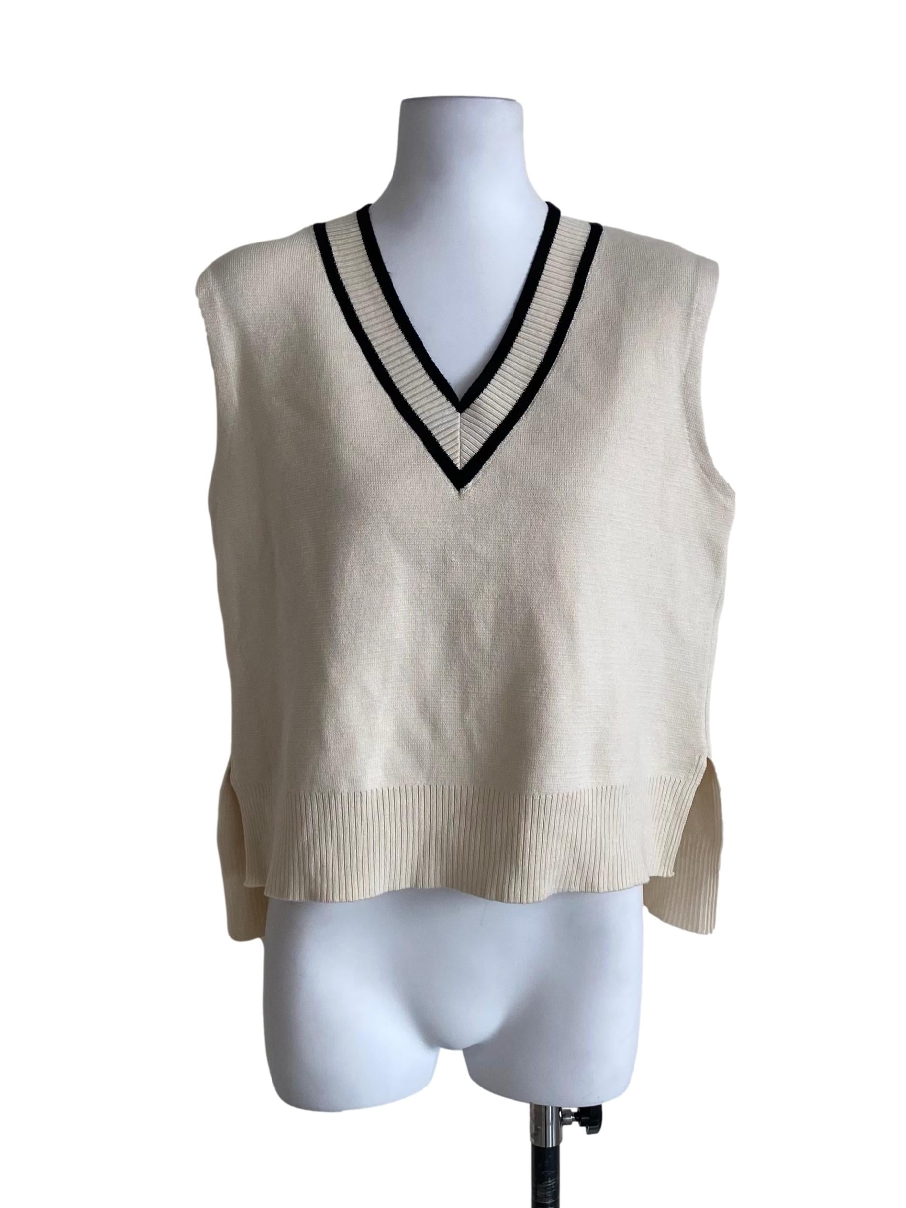 Cream White With Black Lines V-Neck Vest