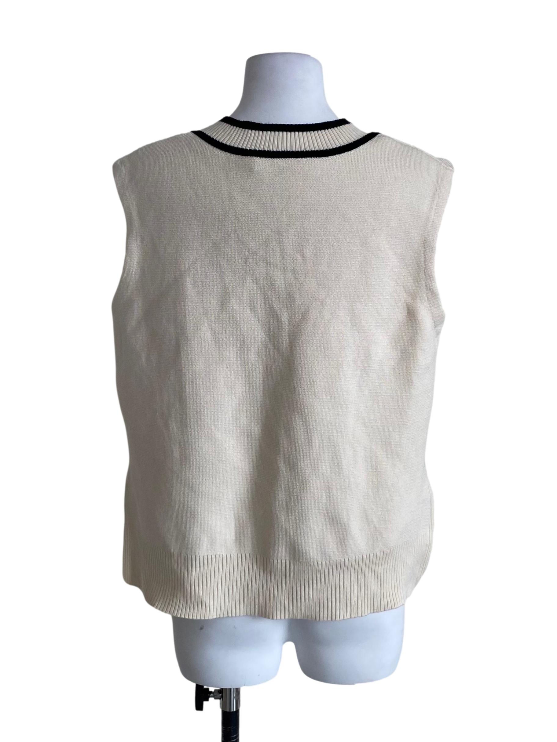 Cream White With Black Lines V-Neck Vest