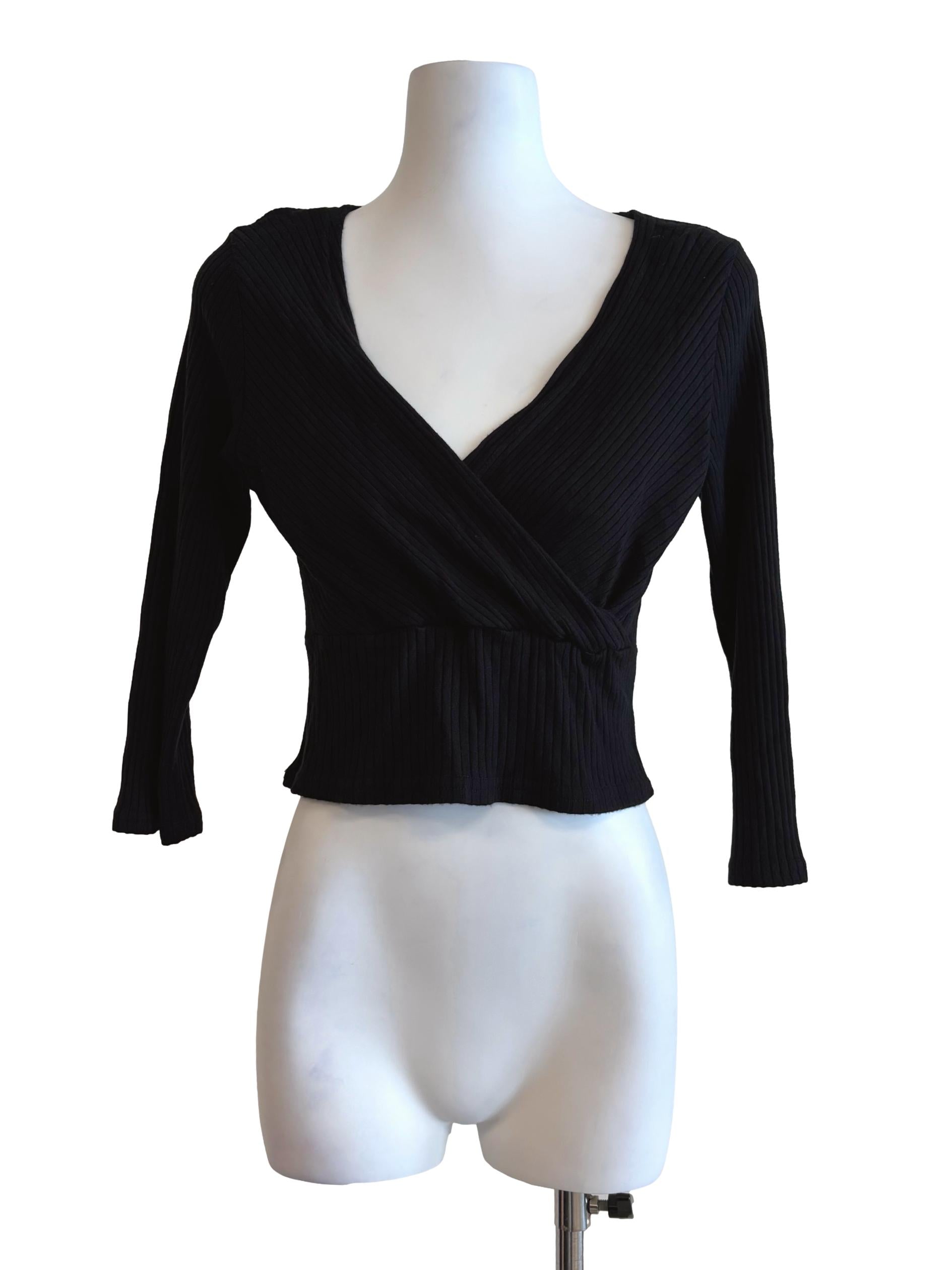 Night Black Surplice Ribbed Top