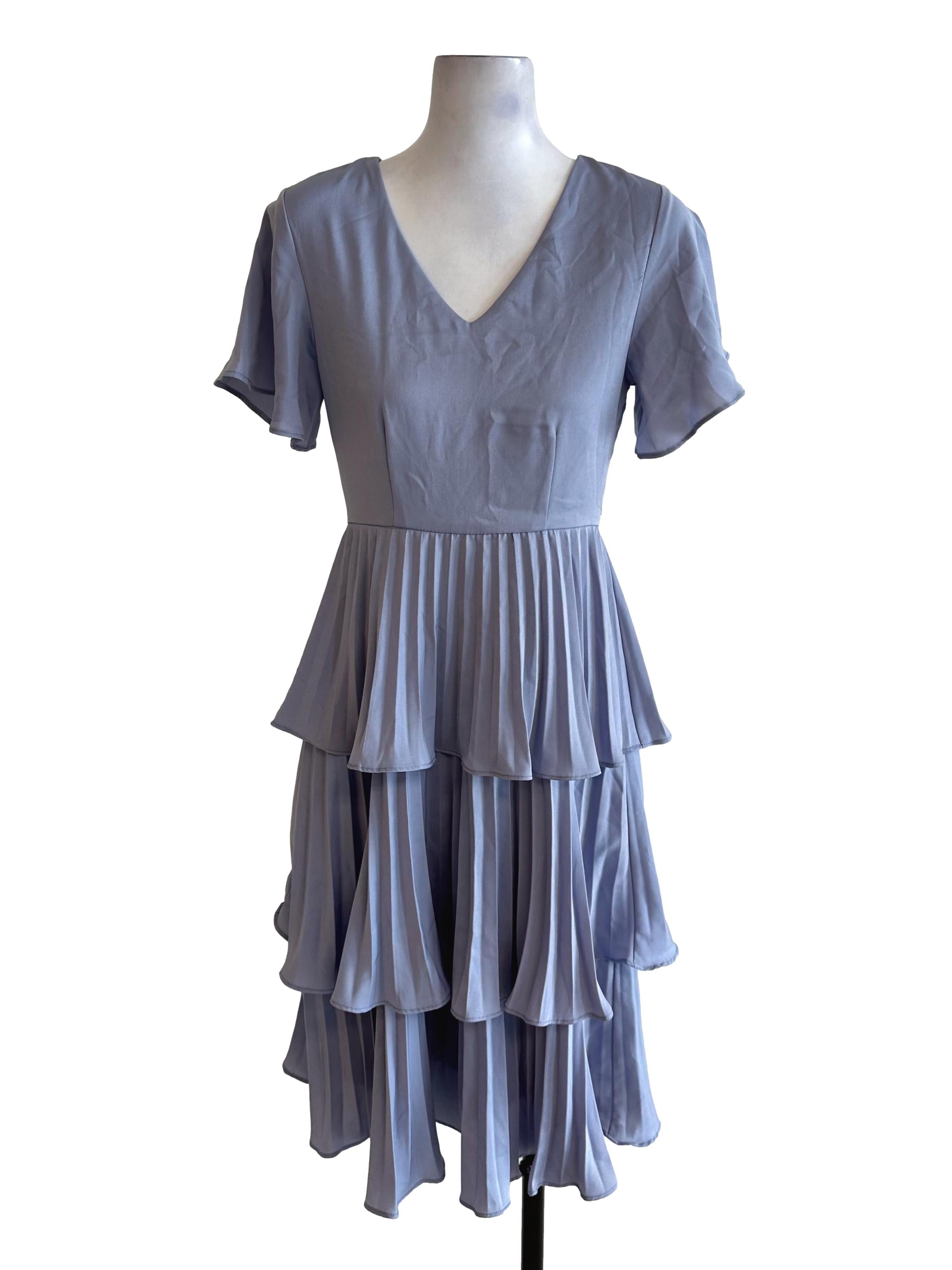 Violet Blue V Neck Pleated Layered Dress