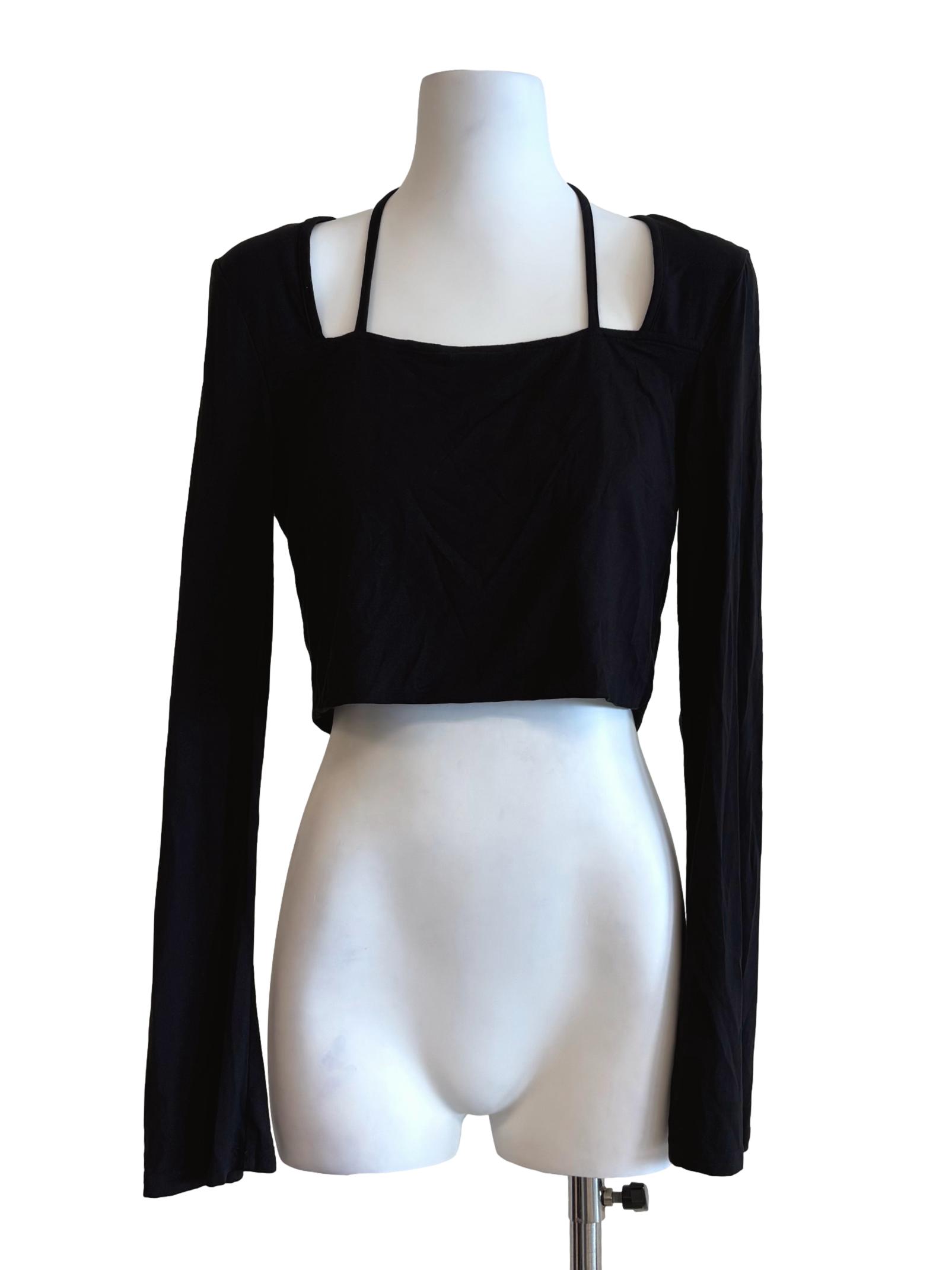 Black Long Sleeve Halter Crop Top
