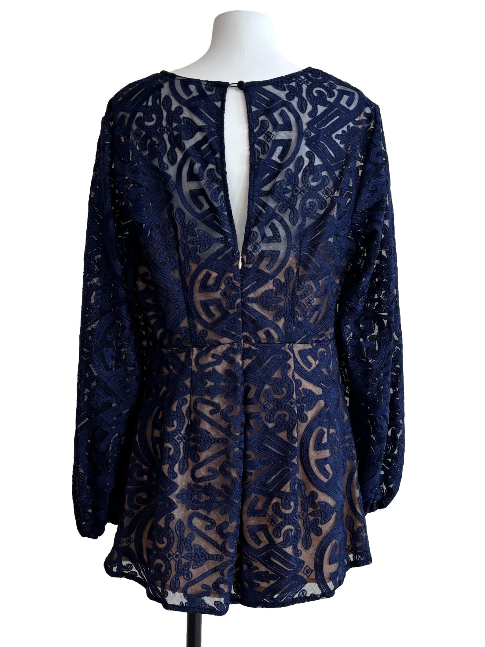Navy Blue Plunged Neck Lace Romper