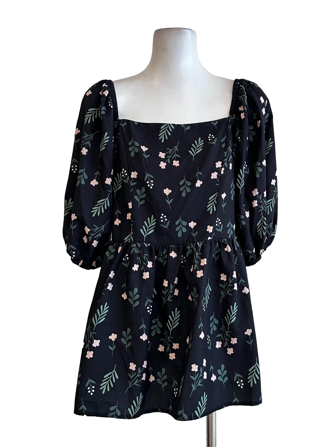 Blue Black Flower Printed Tops