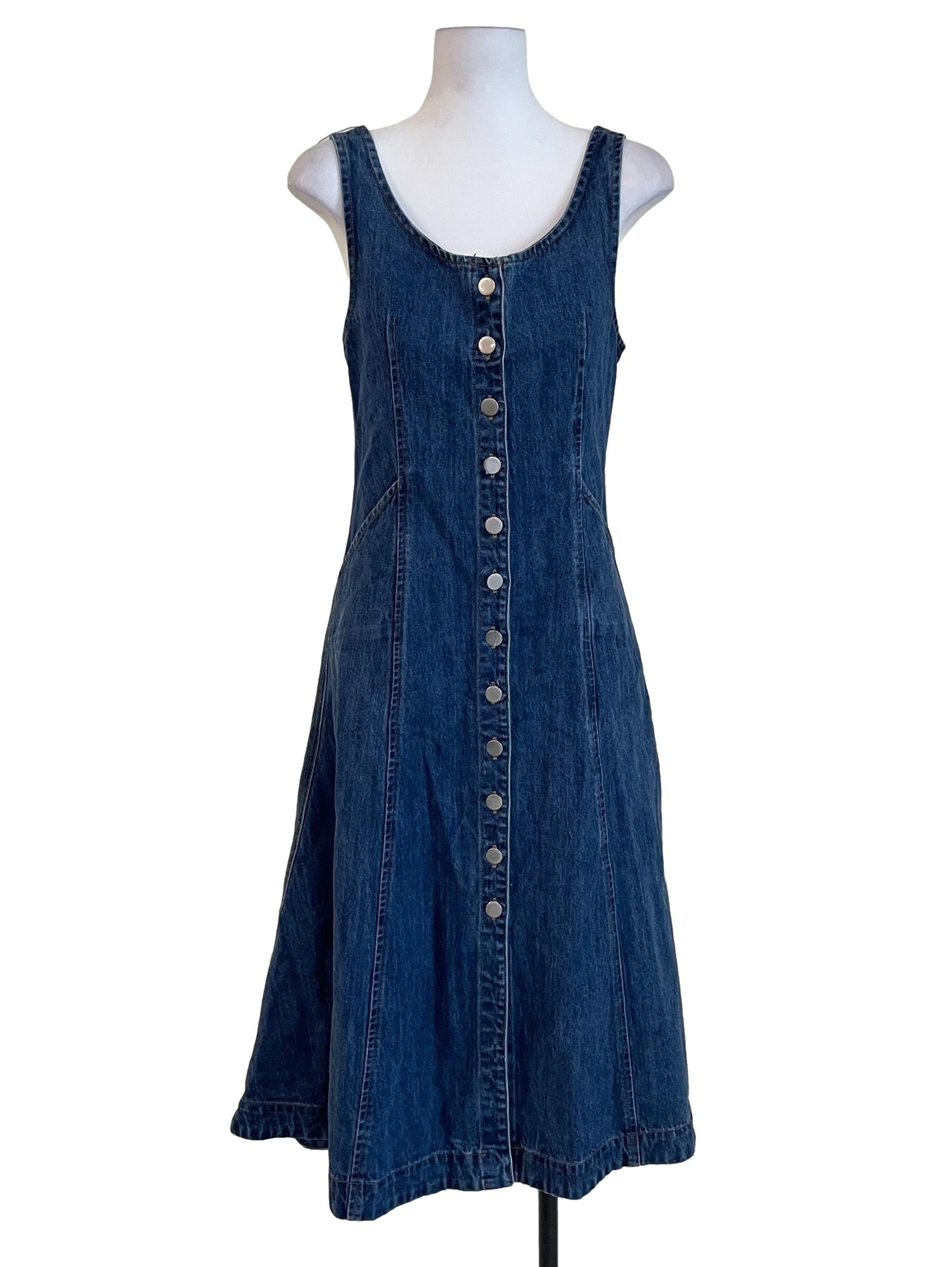 Dark Blue Button Down A-Line Denim Dress