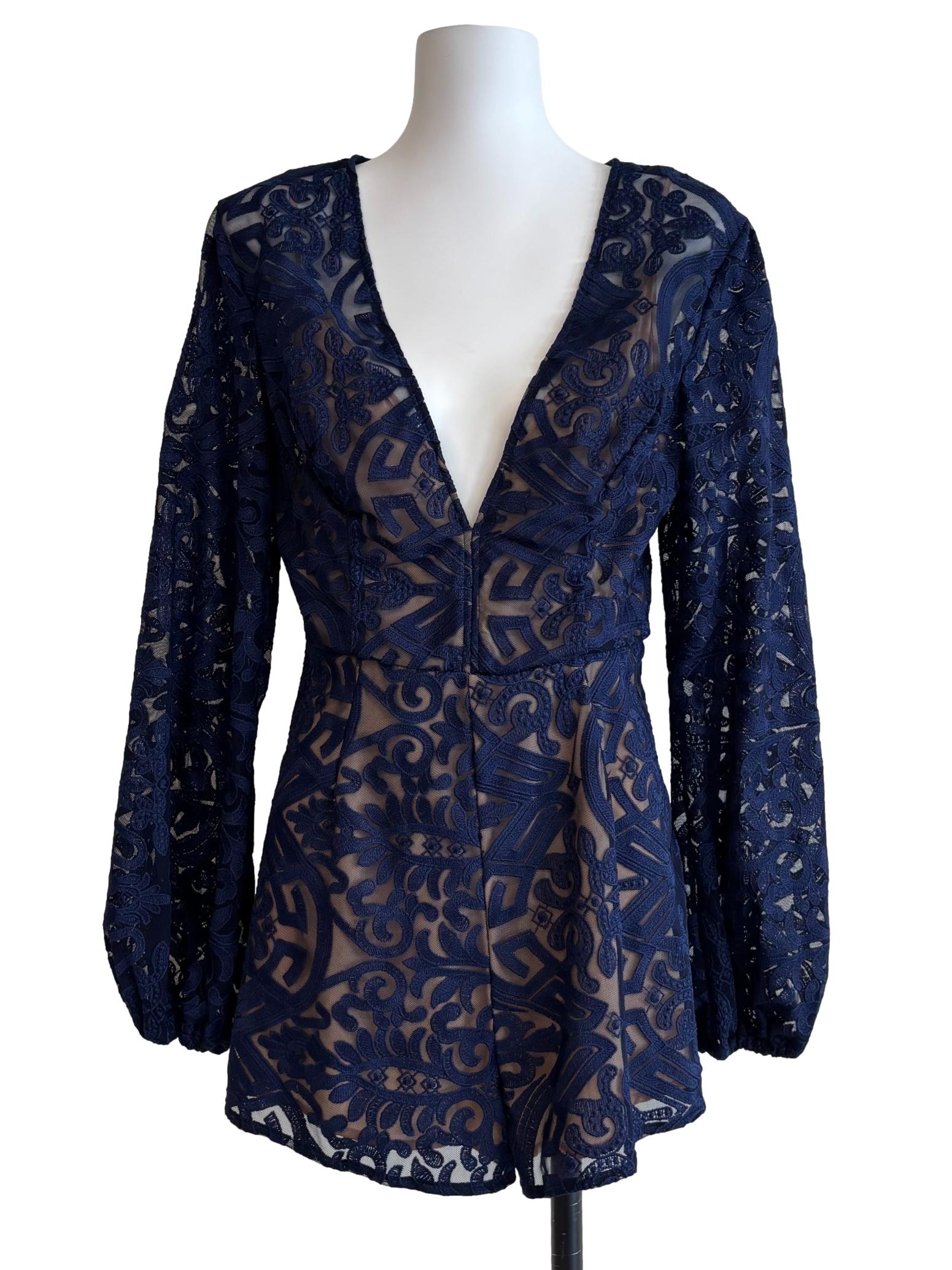 Navy Blue Plunged Neck Lace Romper