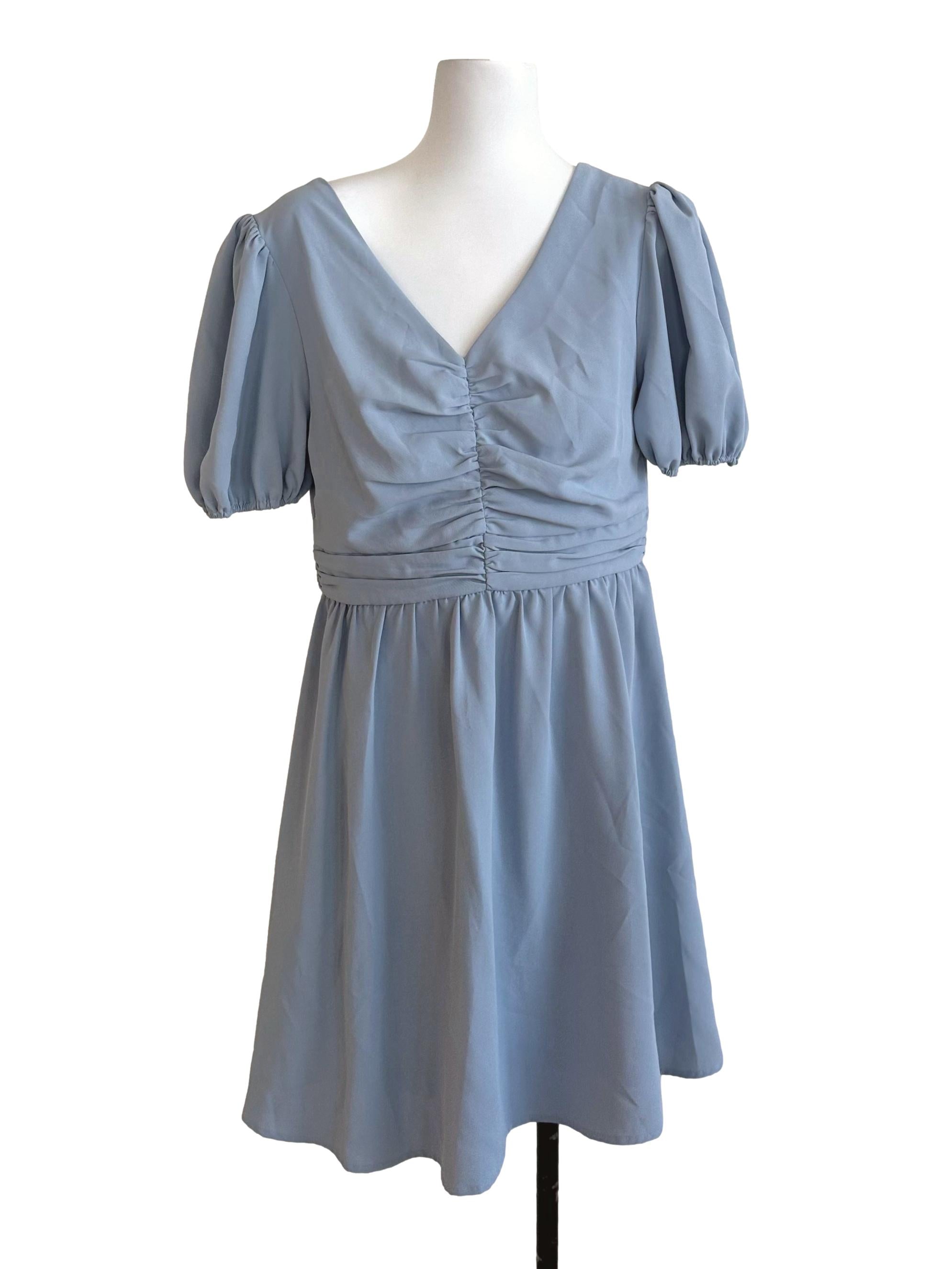Dusty Blue Plain V Neck Dress