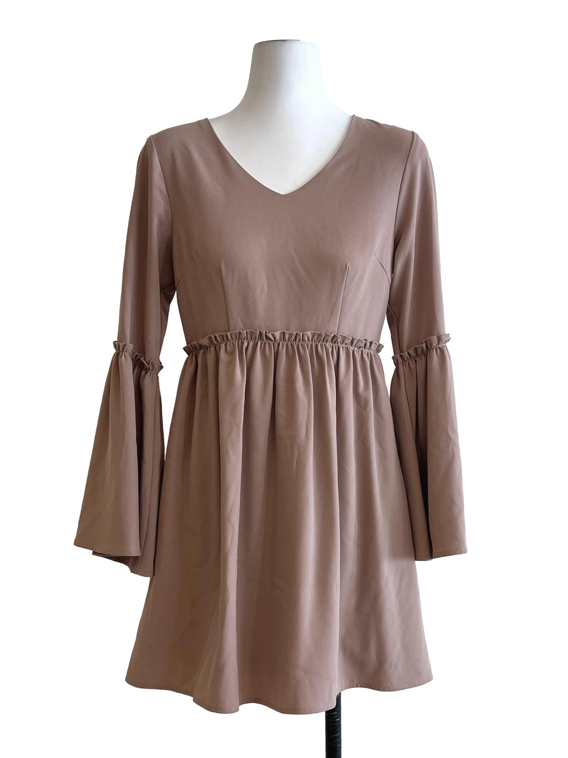 Peanut V-Neck Long Sleeve Mini Dress