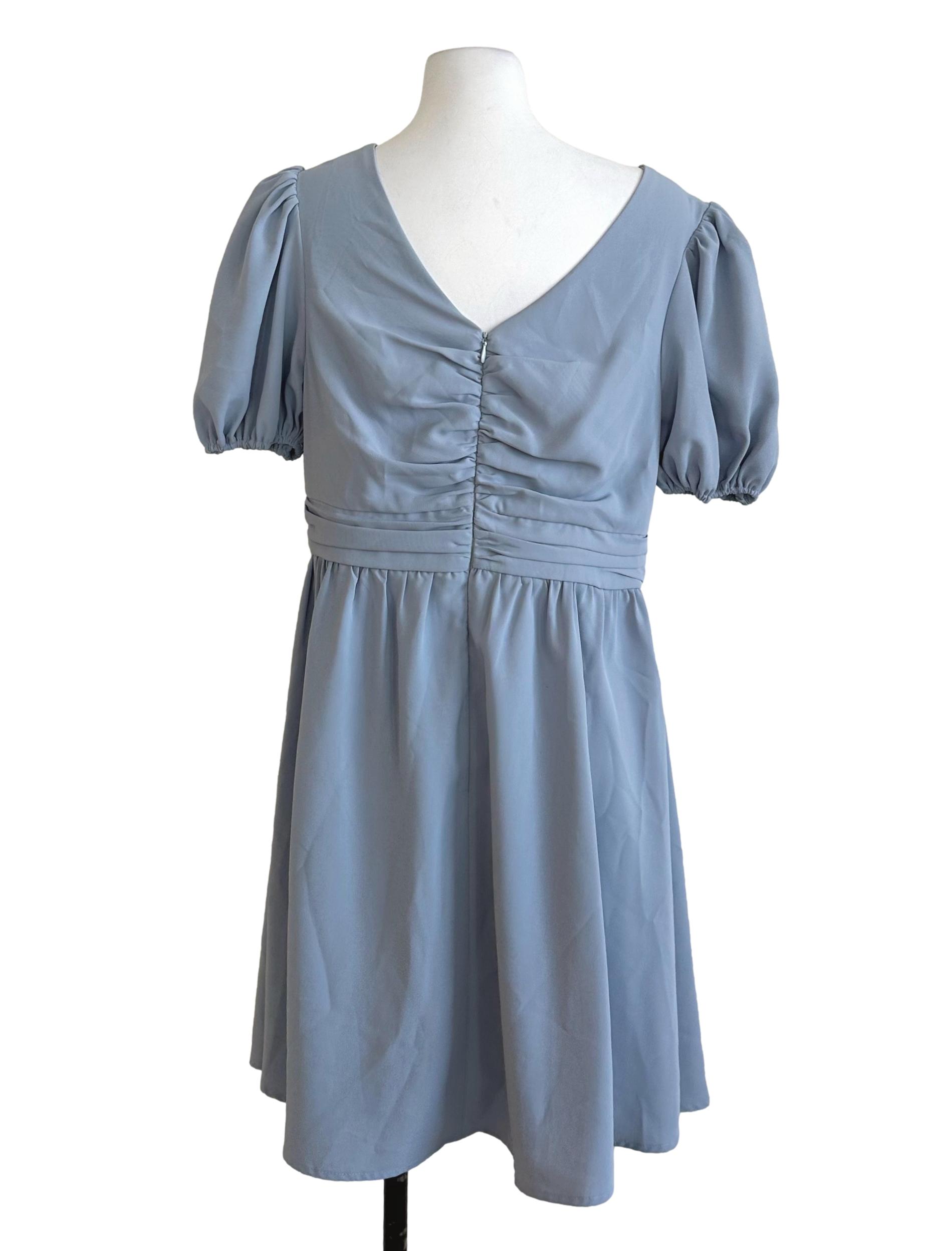Dusty Blue Plain V Neck Dress