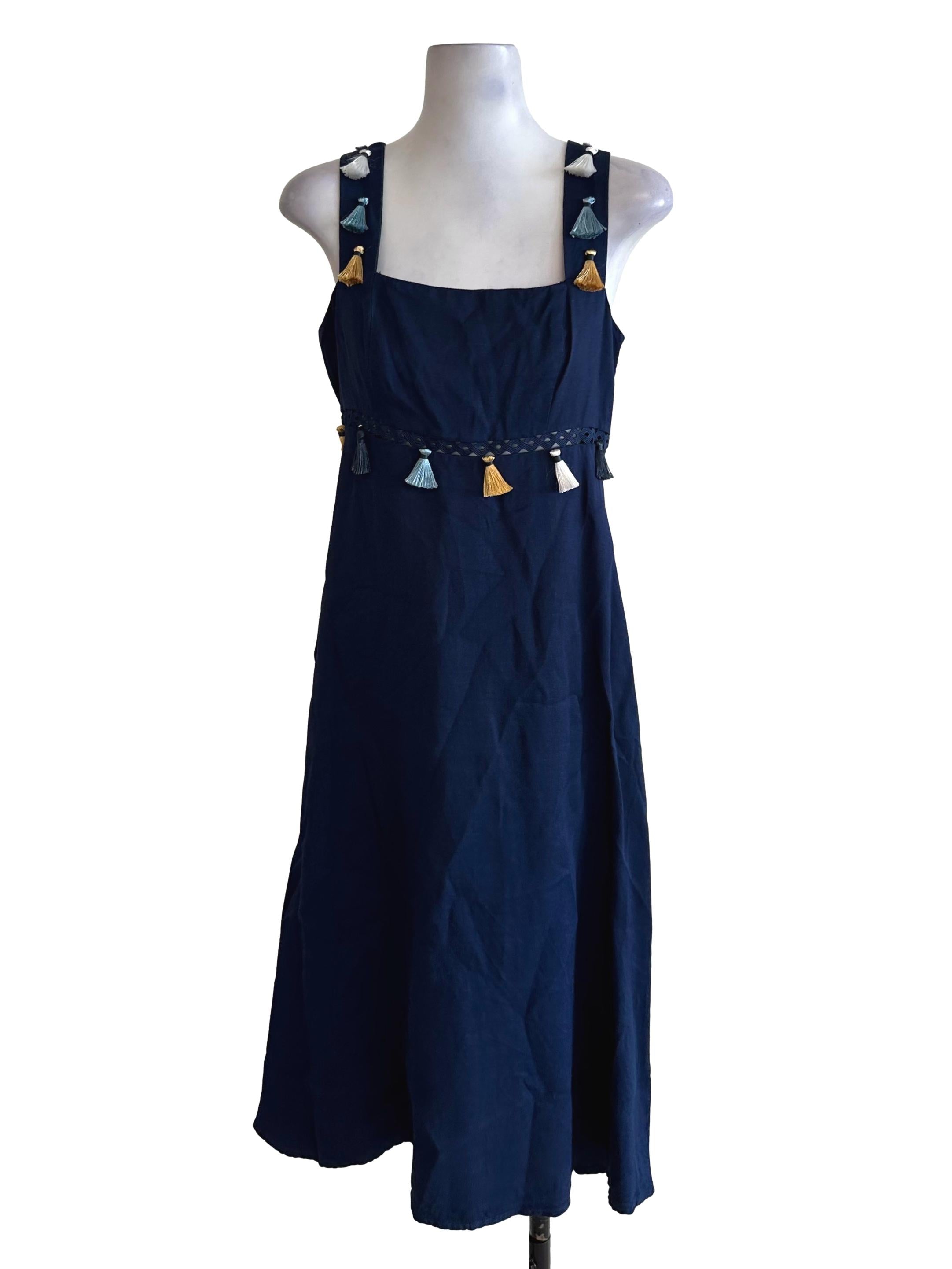 Navy Blue Square Neck Tassel Strap Dress