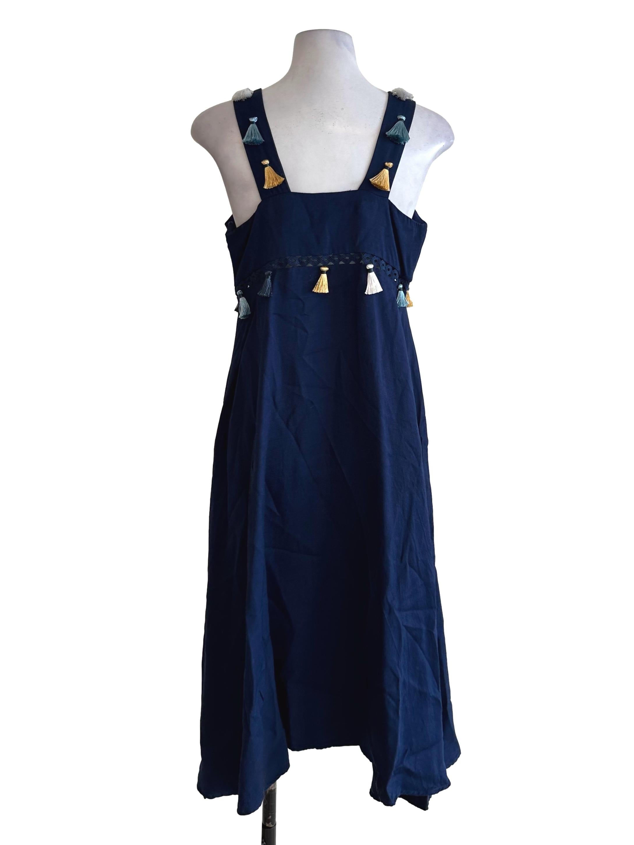Navy Blue Square Neck Tassel Strap Dress